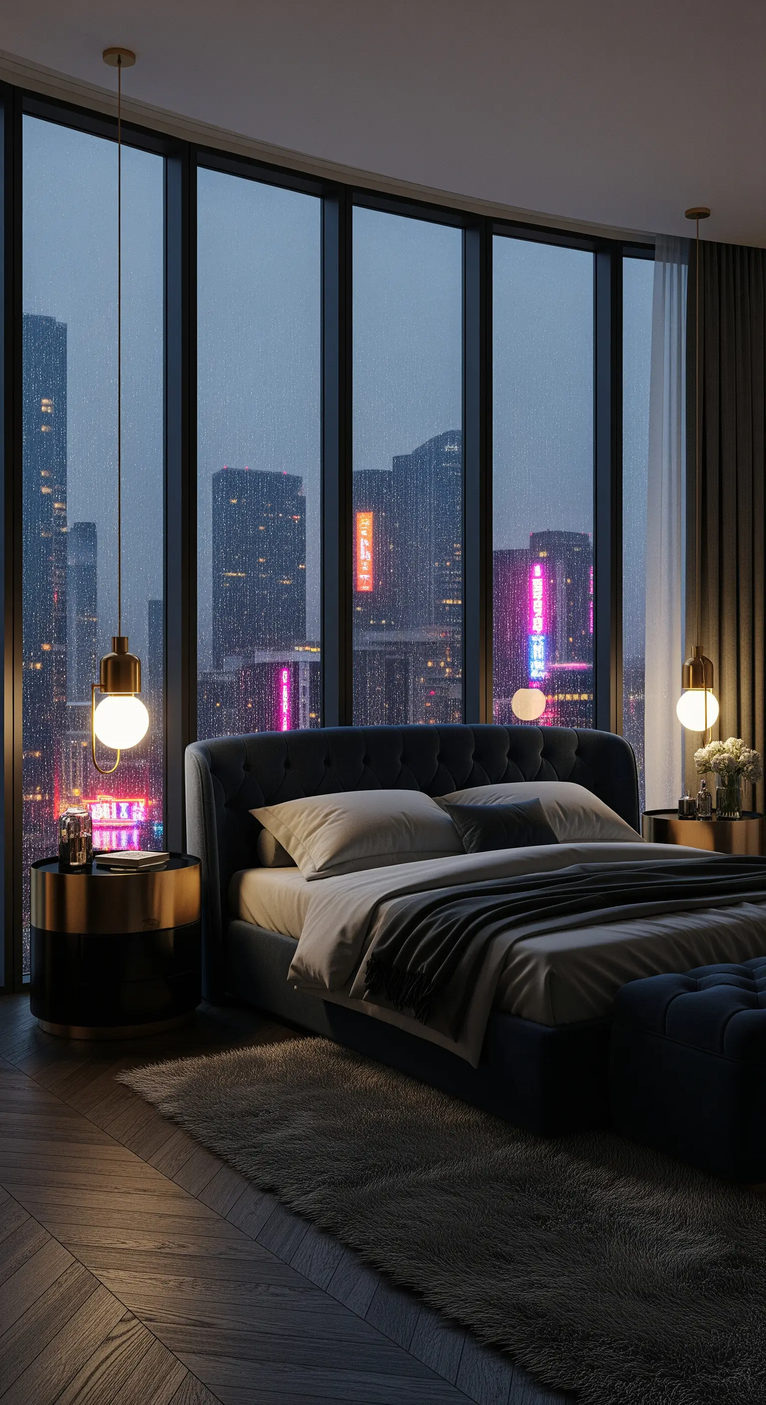 Regnerisches Stadtpanorama mit kugelförmigen Pendelleuchten und dunklem Samtbett