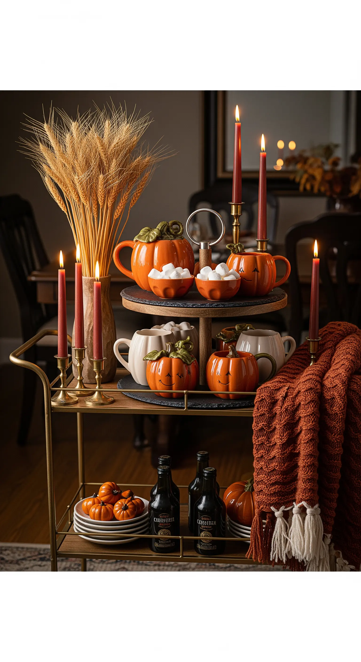 Barwagen mit Kürbis-Teekanne, hohen roten Kerzen und Getreidebündel