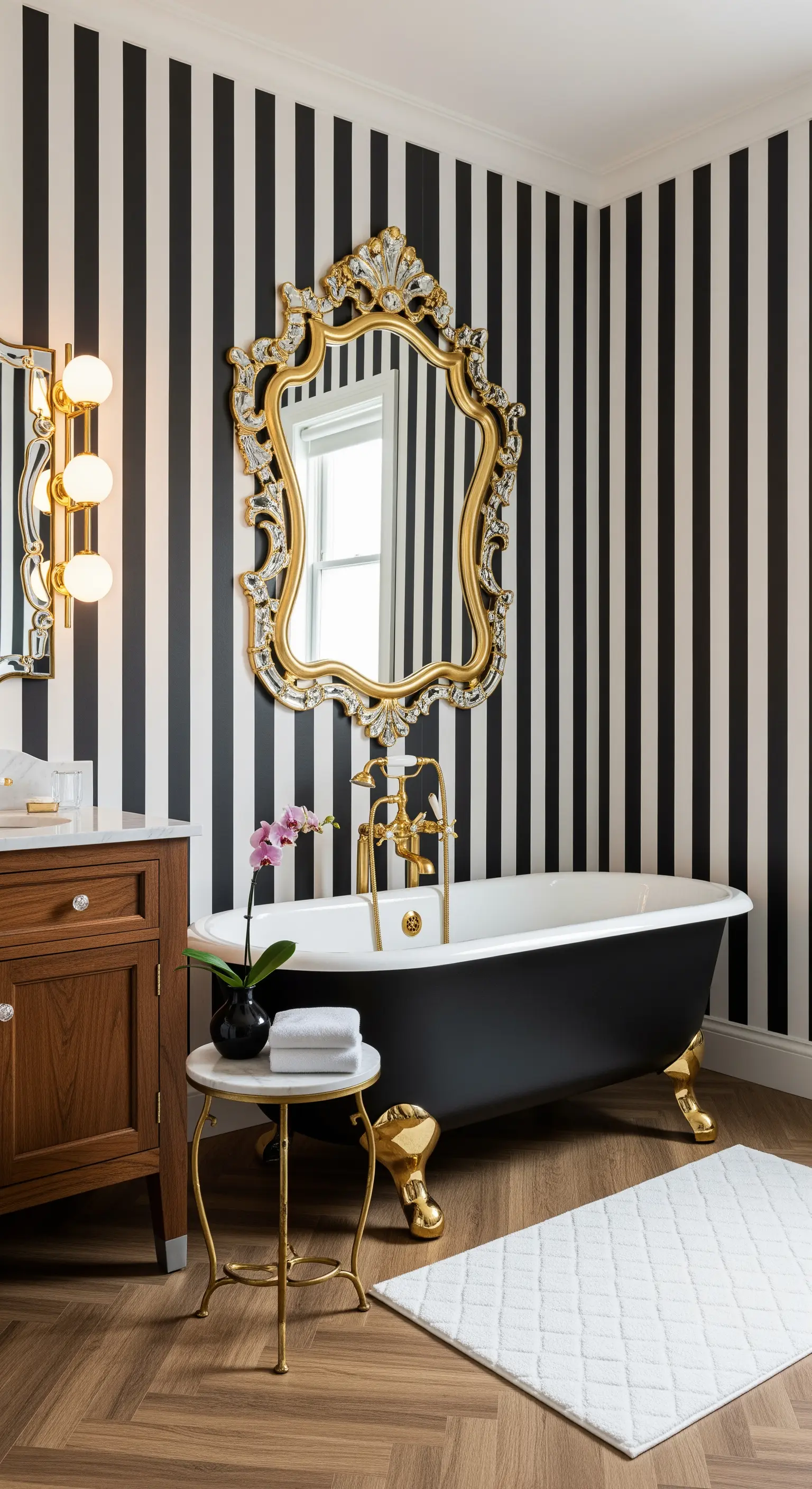 Bad mit schwarz-weißer Streifentapete, goldenem Spiegel und schwarzer Wanne