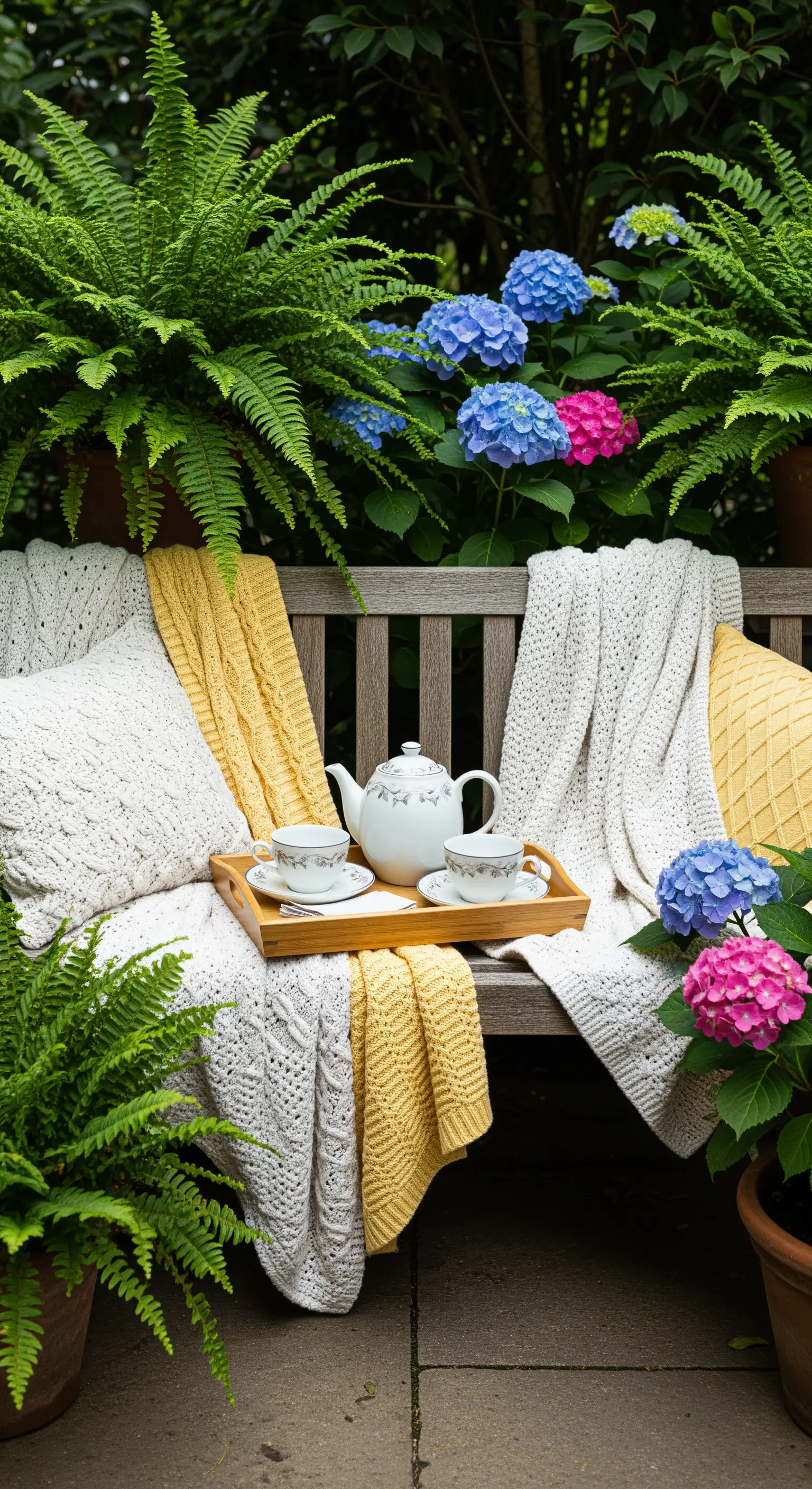 Gartenbank mit Strickdecken, Kissen und blauen Hortensien