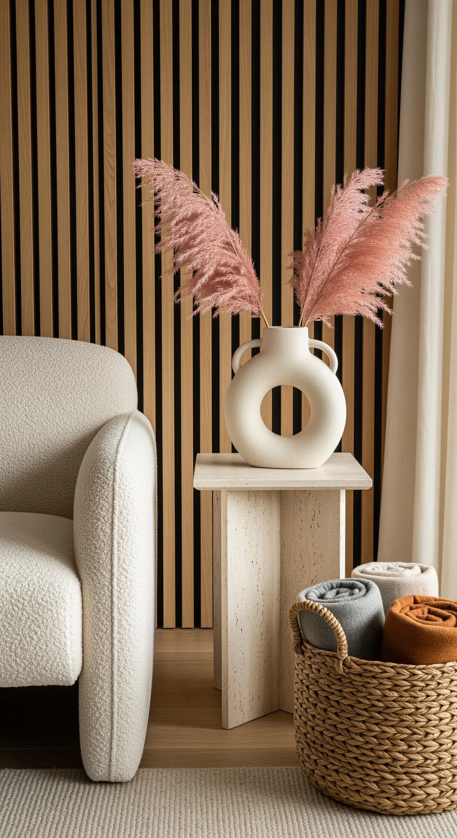 Holzlamellenwand mit rosa Pampasgras