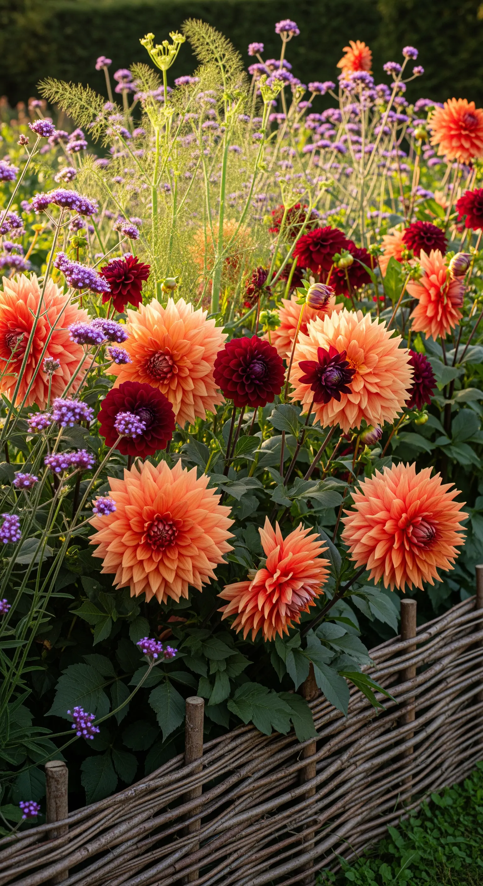 Beet mit roten Dahlien und Fenchel hinter niedrigem Flechtzaun