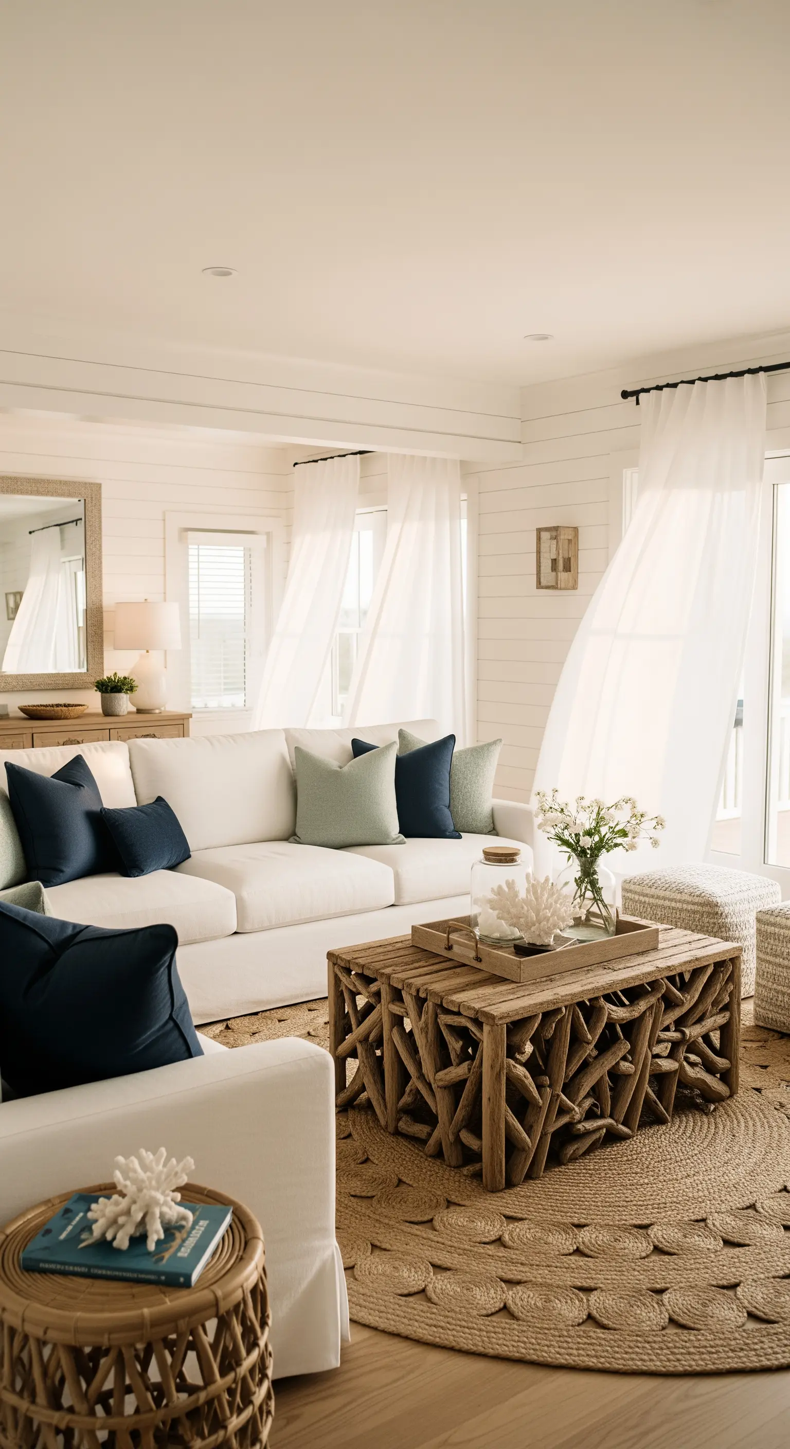 Weißes Wohnzimmer mit Treibholztisch und blauen Kissen