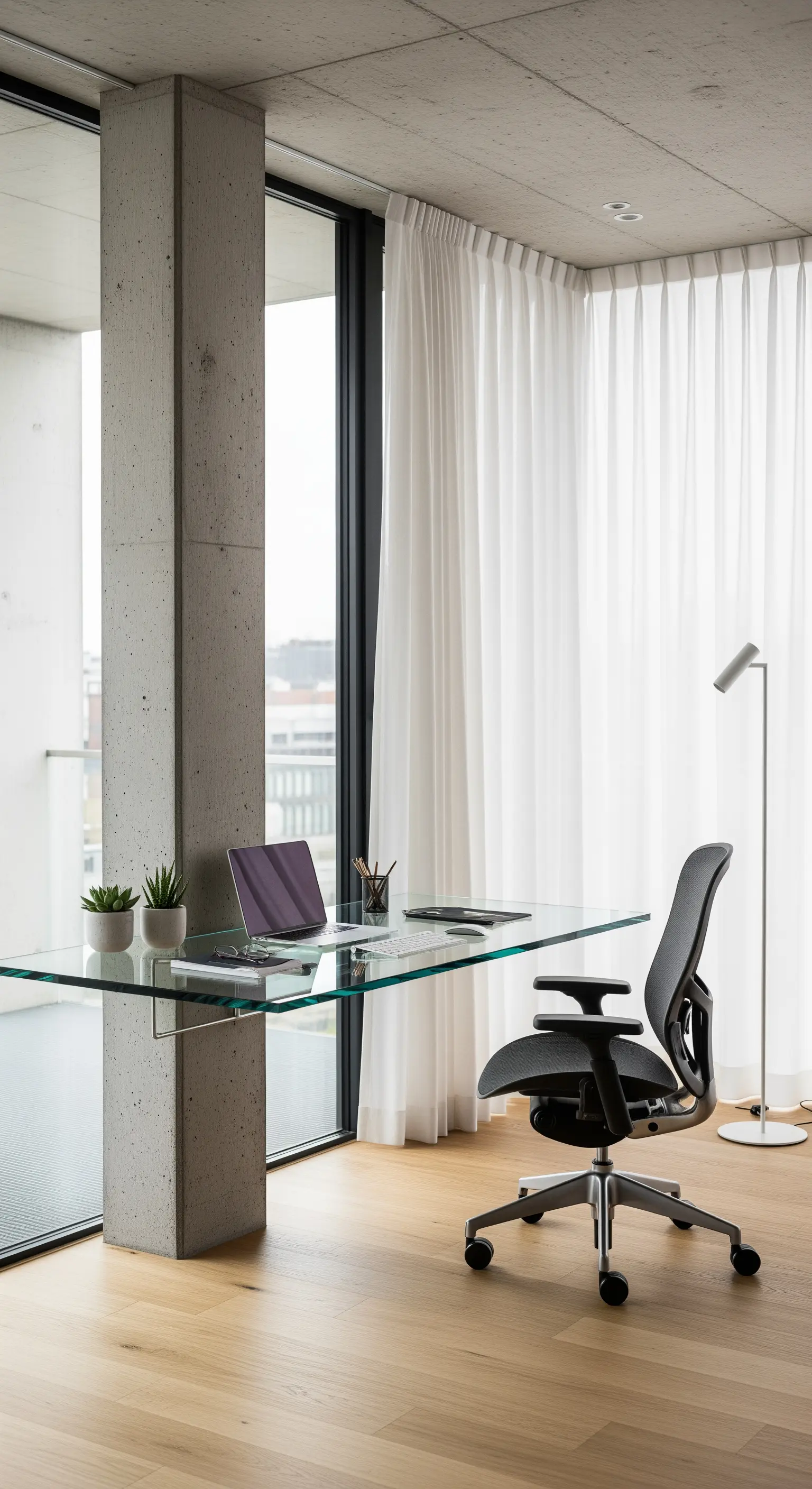 Home Office mit Betonsäule und Glas-Schreibtisch