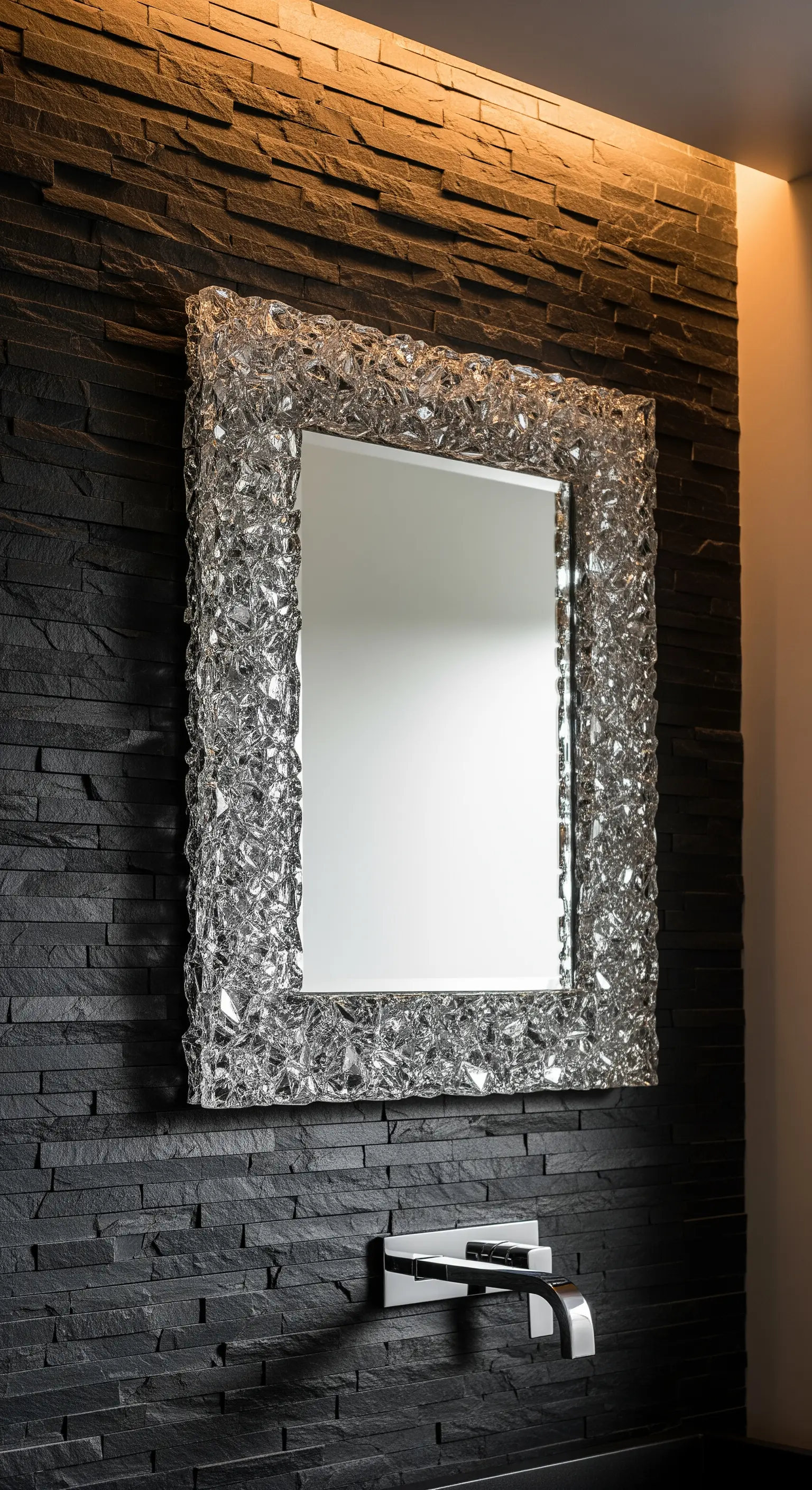 Rechteckiger Spiegel mit Rahmen aus texturiertem Eisglas vor schwarzer Wand