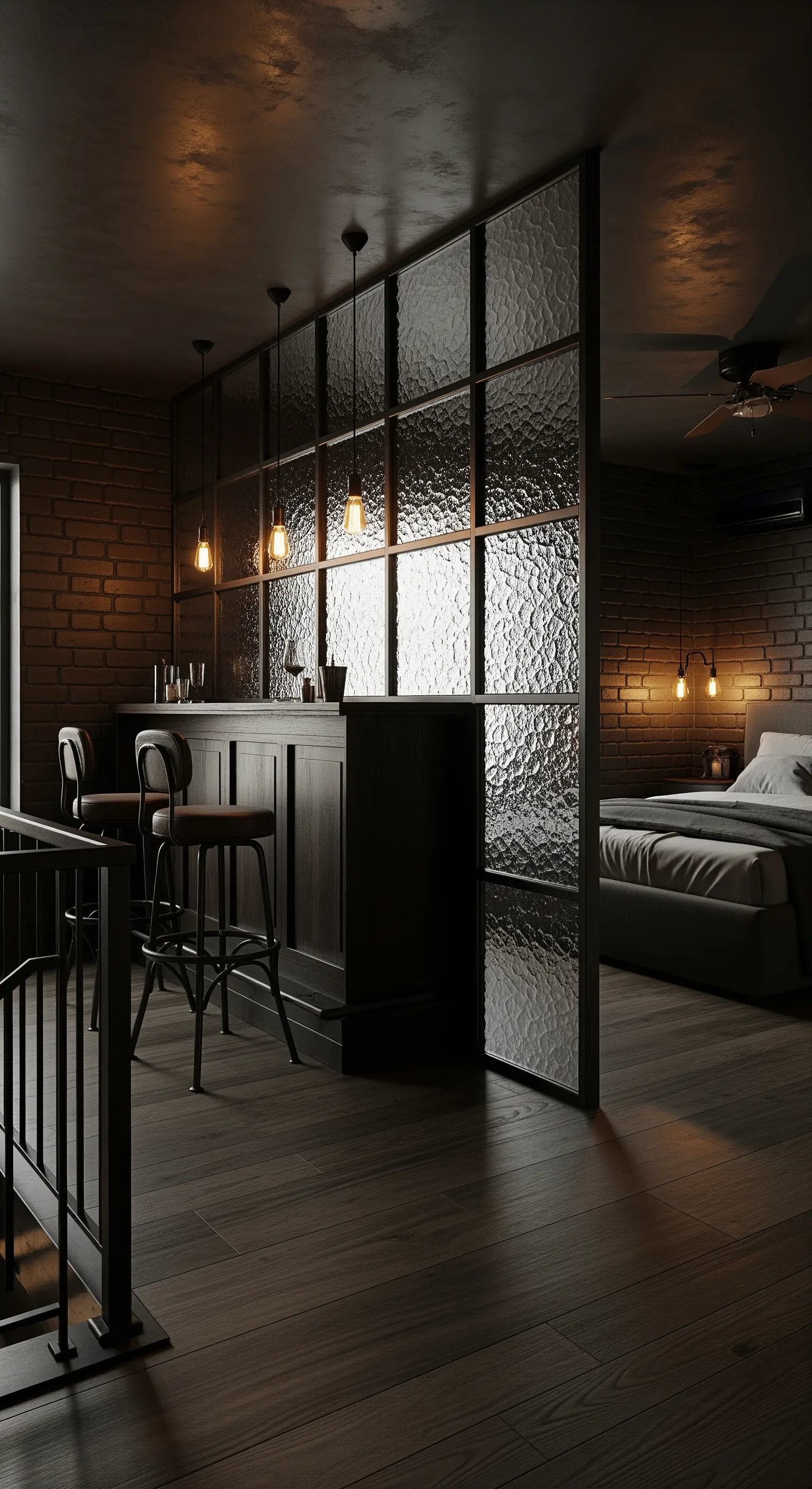 Dunkles Schlafzimmer mit strukturierter Glaswand im Vintage-Stil