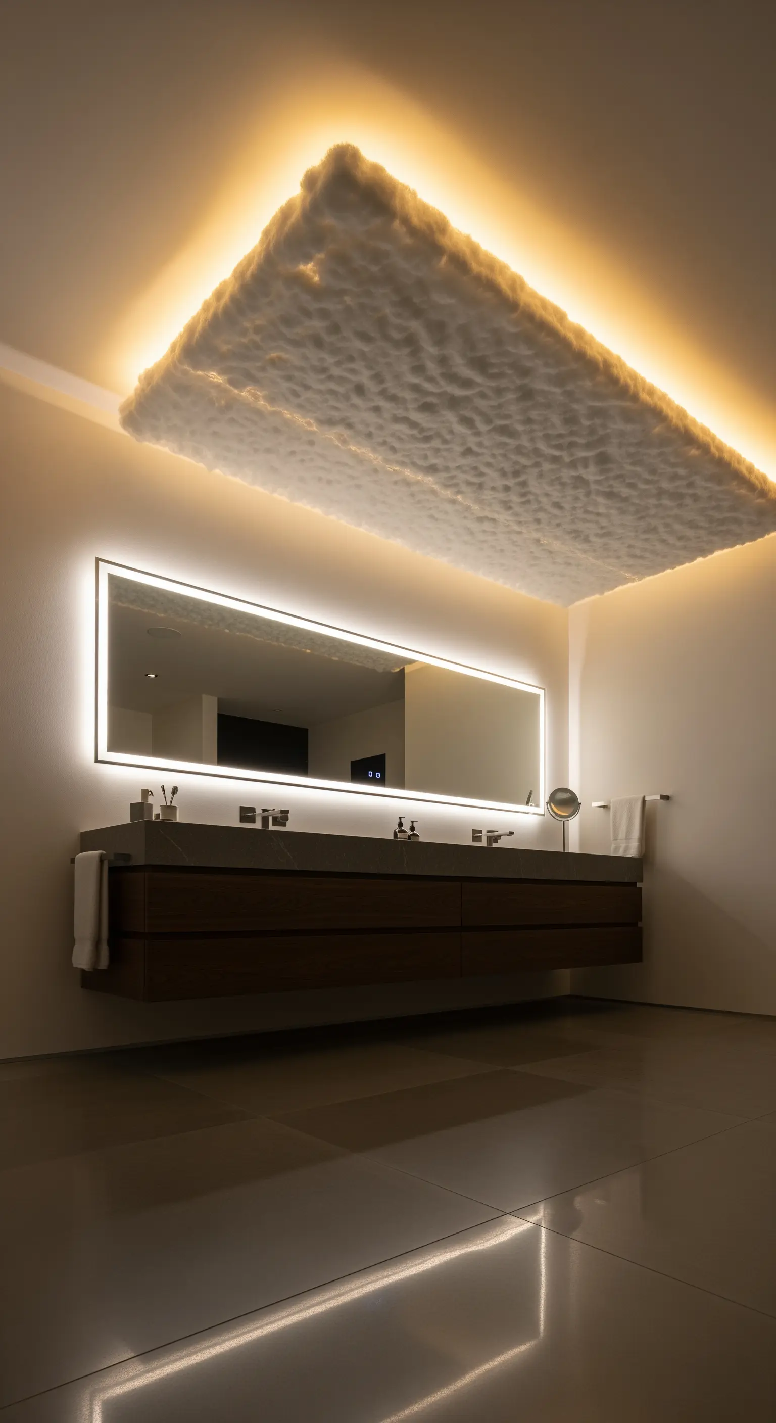 Badezimmer mit strukturierter Decke, die durch indirektes Licht wie Wolken wirkt