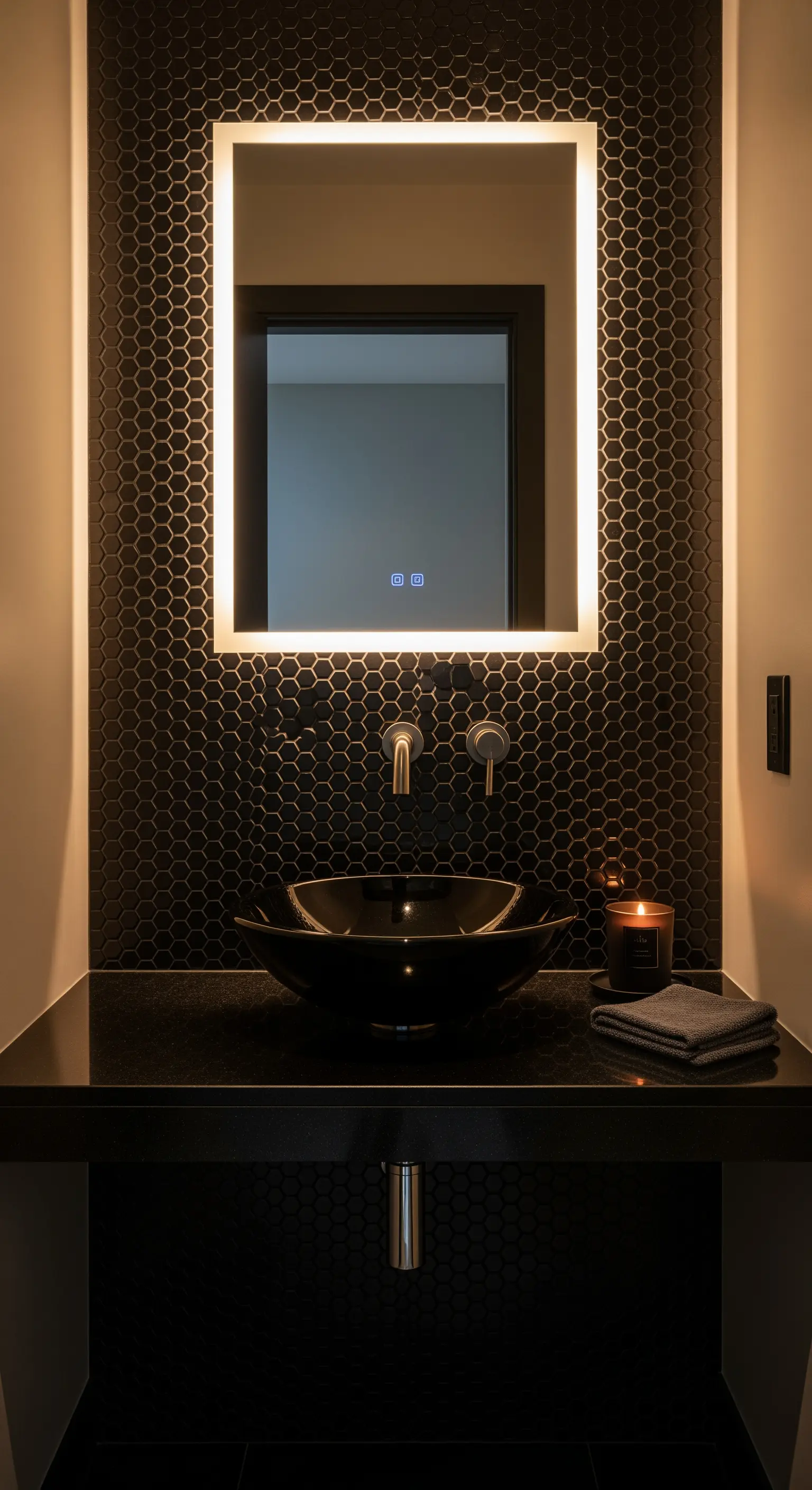 Waschbecken vor schwarzer Mosaikwand