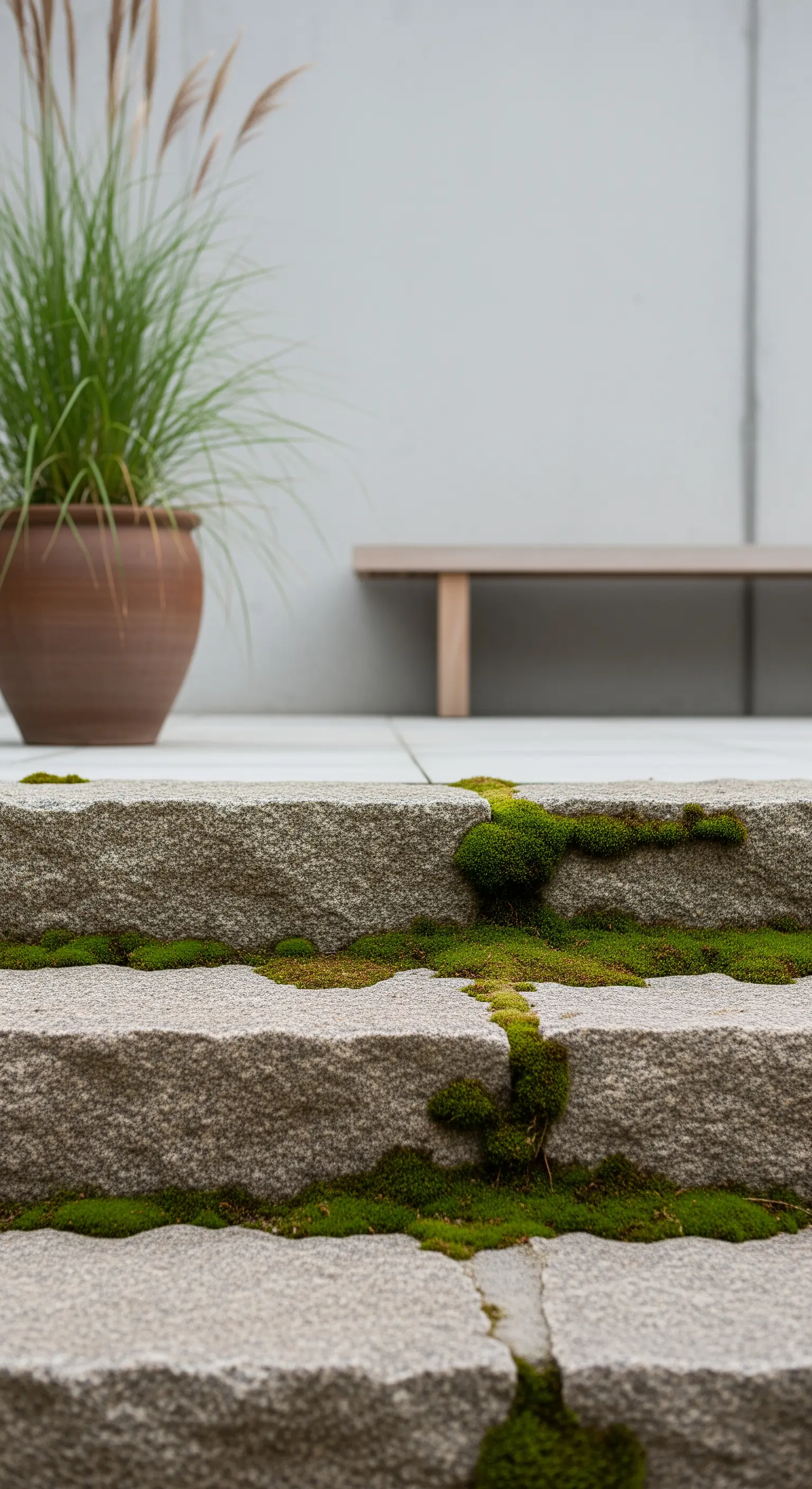 Steinstufen mit Moosbewuchs und hohem Ziergras im Topf