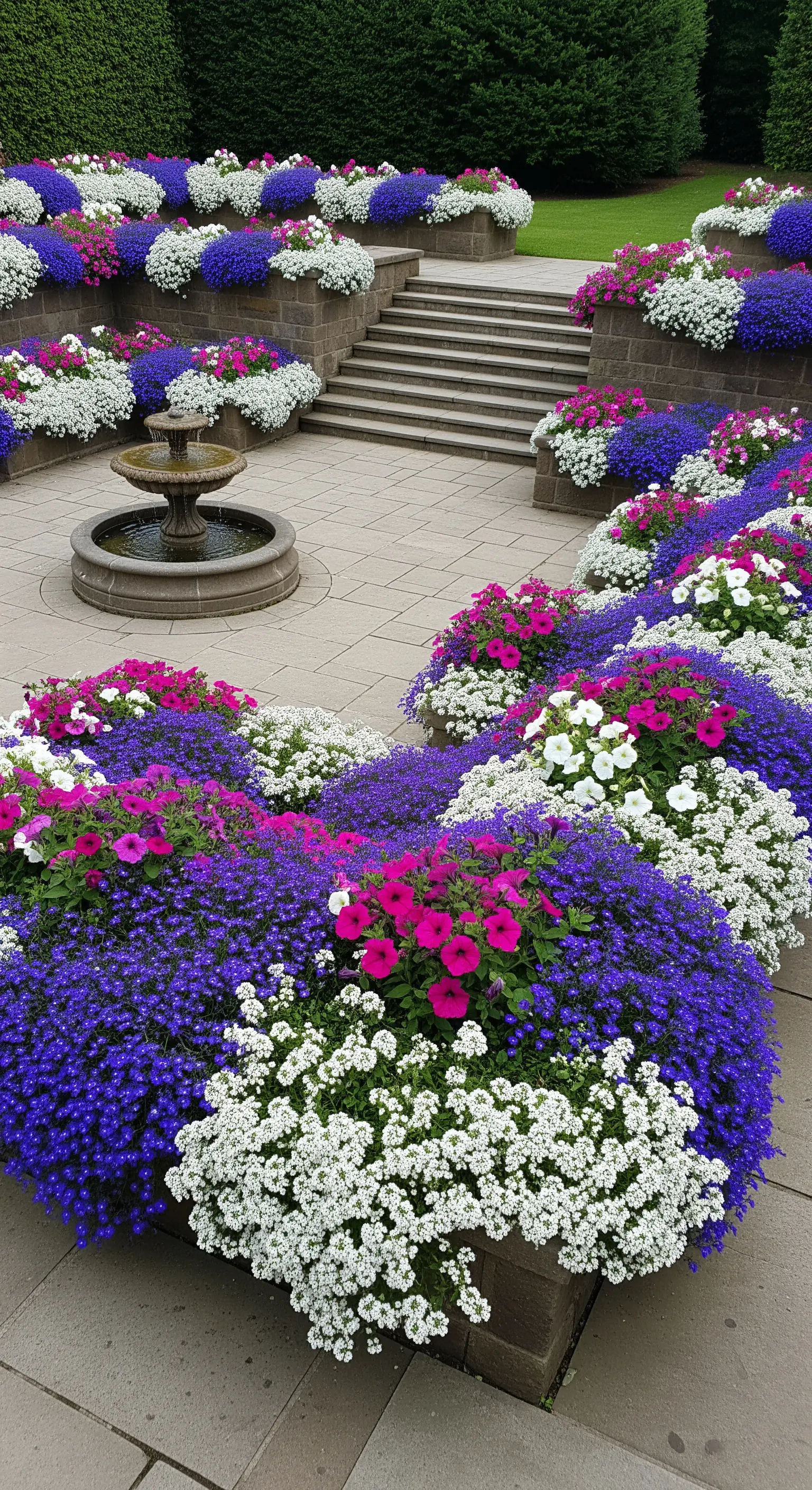 Steintreppe mit seitlichen Blumenbeeten und kleinem Springbrunnen