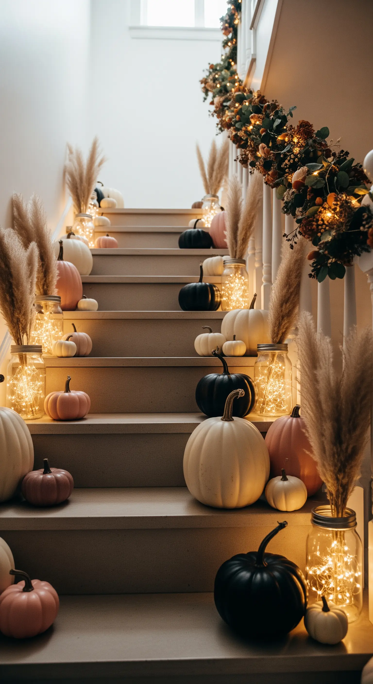Treppenaufgang mit Kürbissen und Lichtergläsern