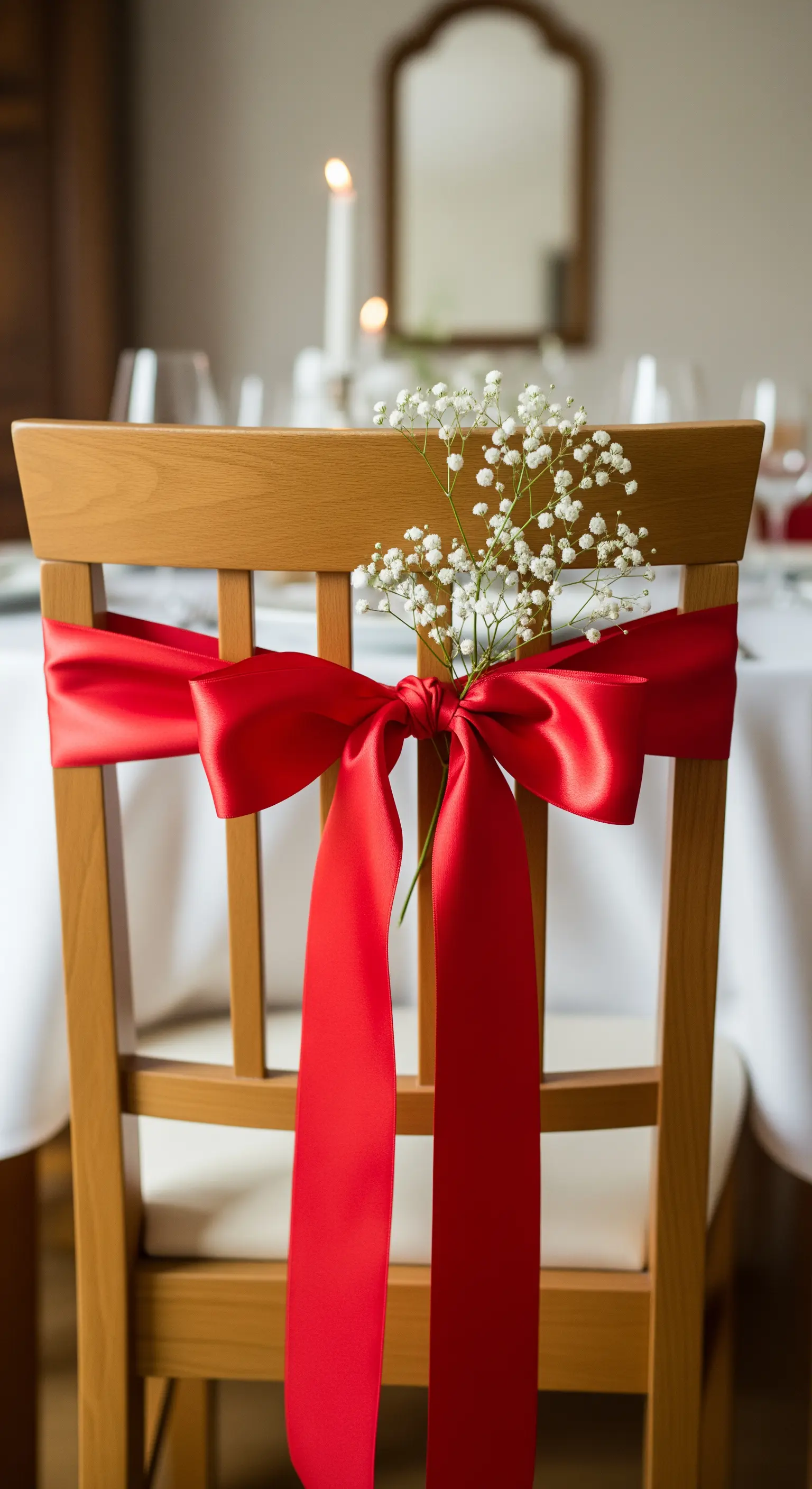 Holzstuhl mit roter Satinschleife und weißem Schleierkraut