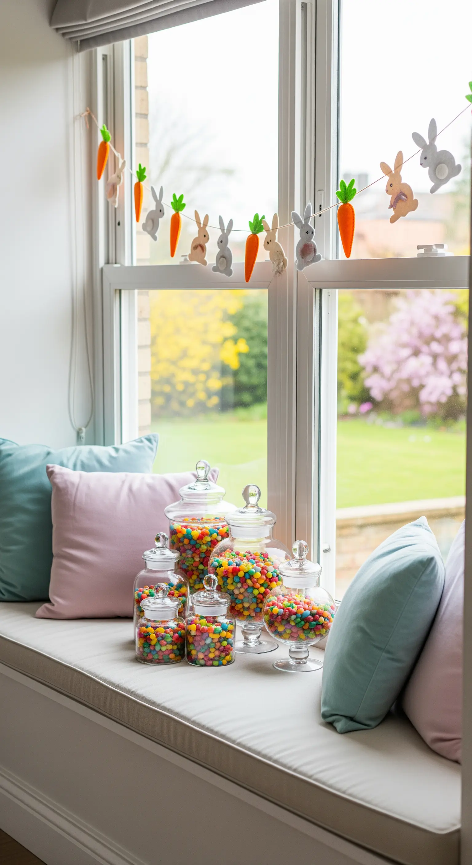 Fensterbank mit Gläsern voller Süßigkeiten und Filzgirlande