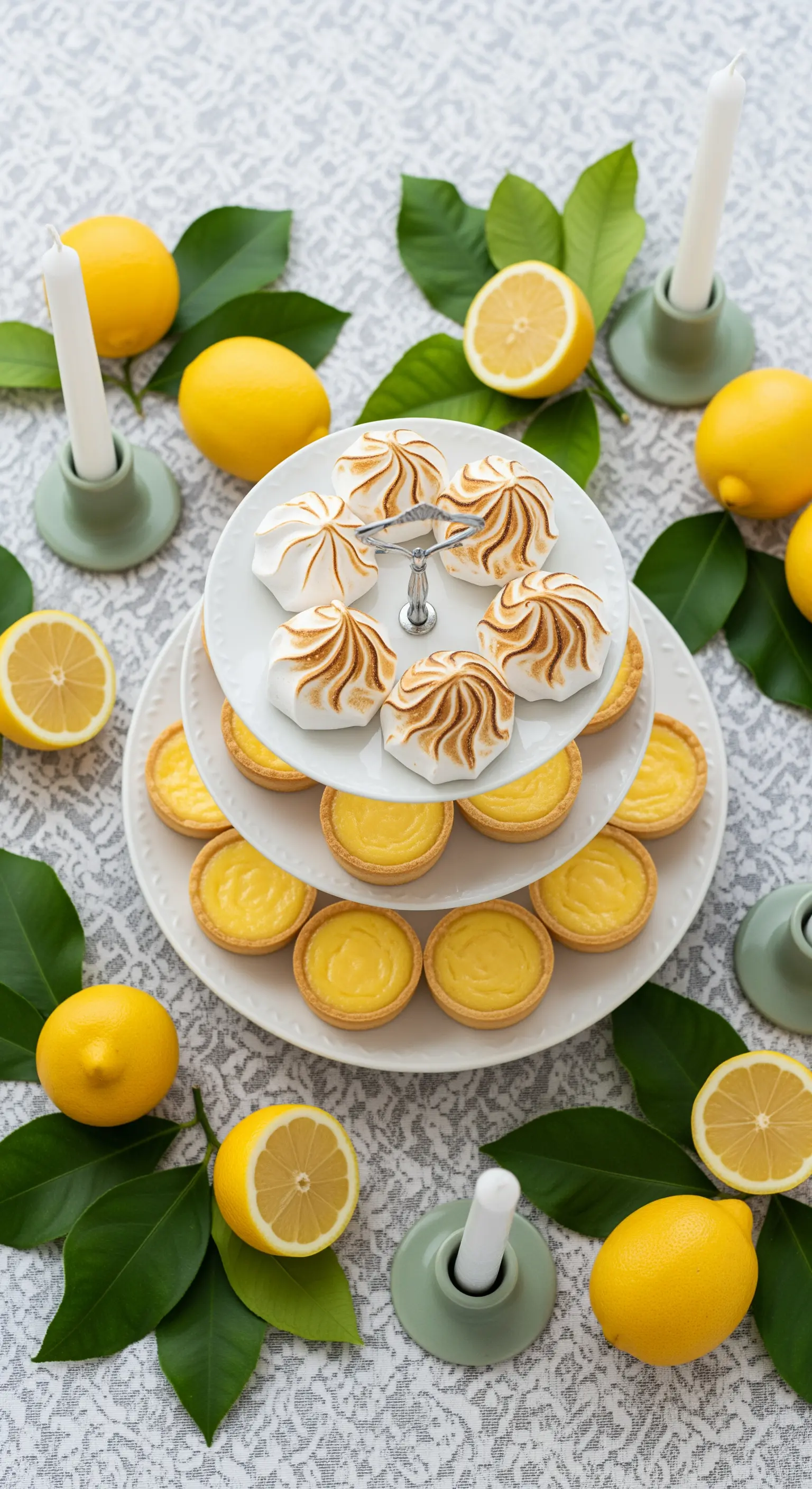 Etagere mit Zitronenbaiser und frischen Zitronen