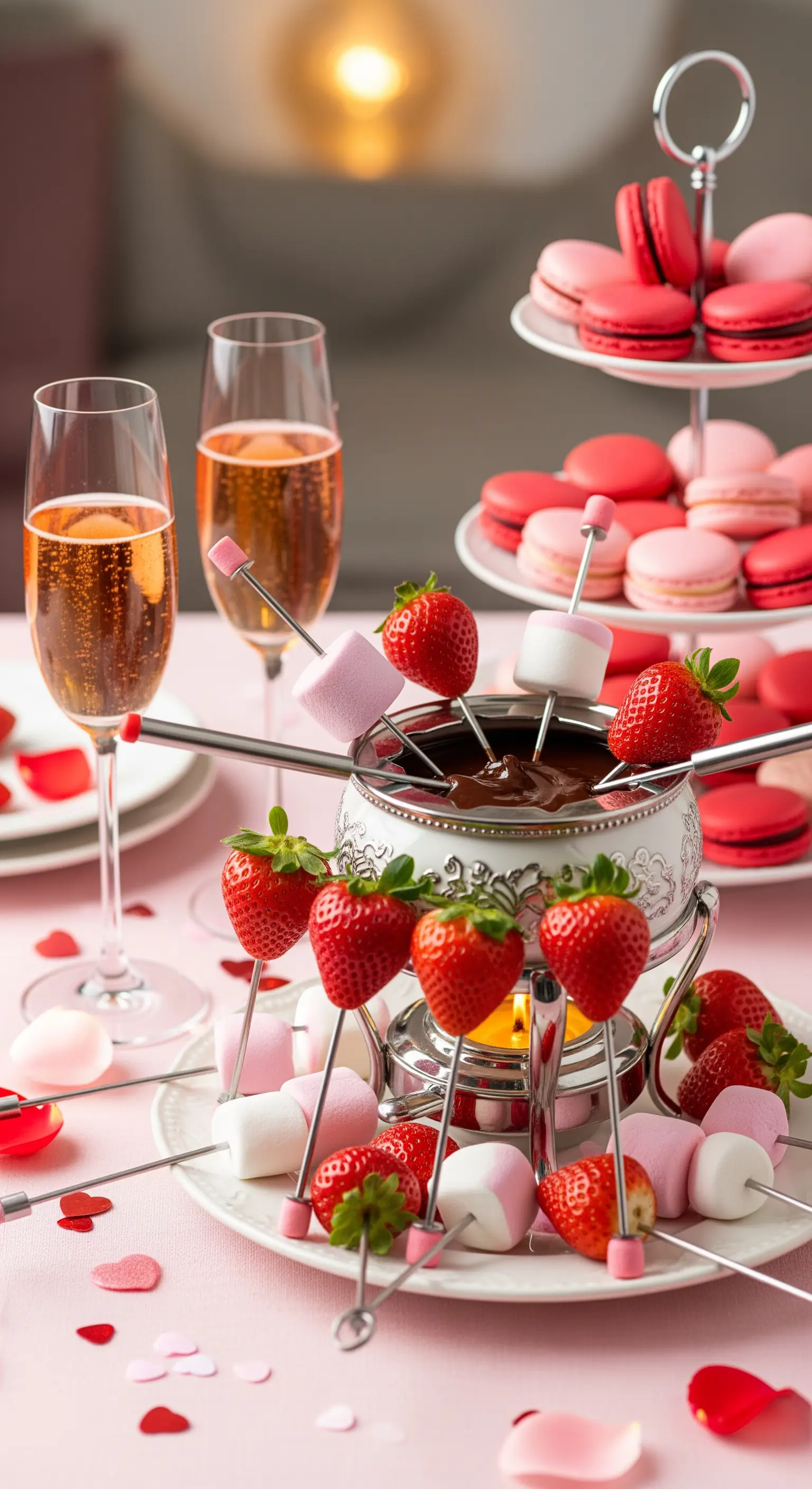 Schokofondue-Set mit Macarons und Erdbeeren in Rosa