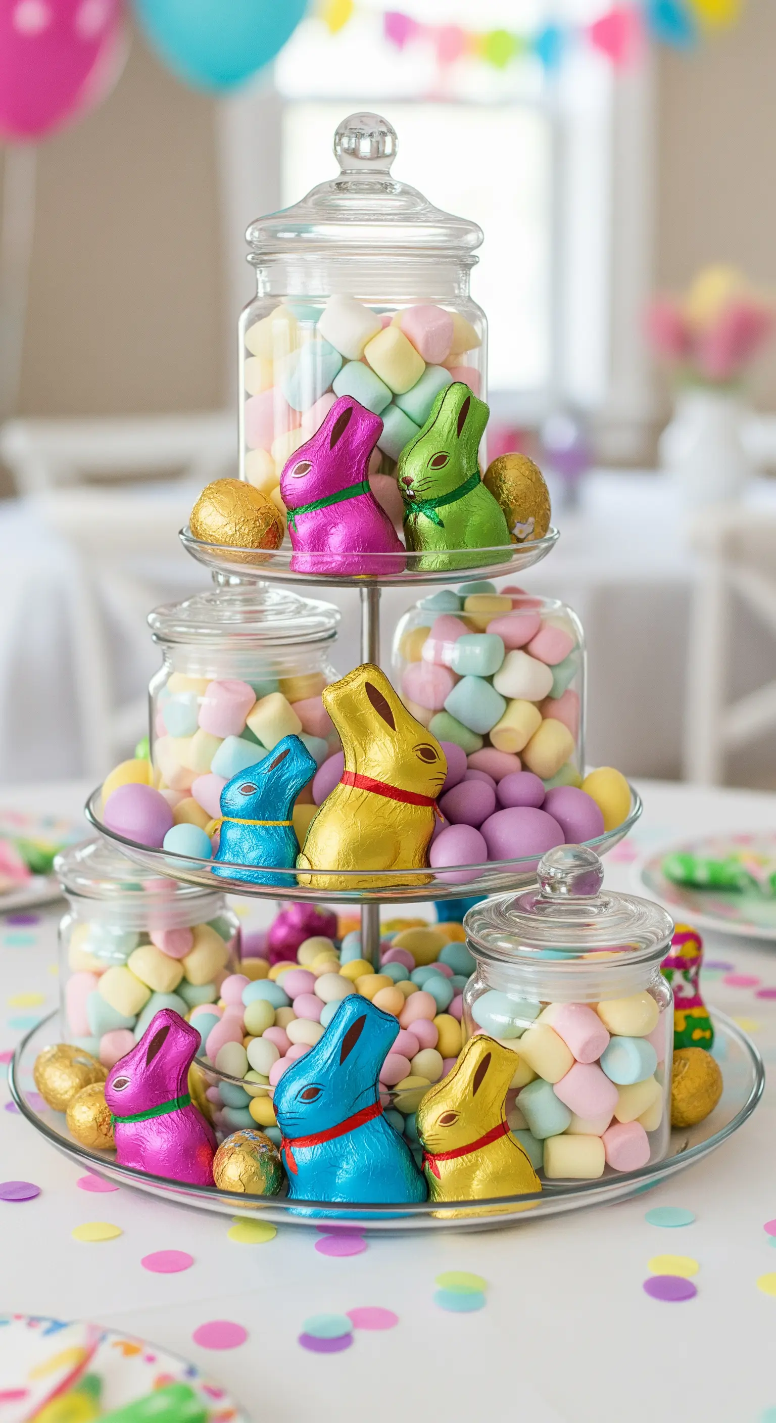 Glas-Etagere gefüllt mit Marshmallows und Schokohasen