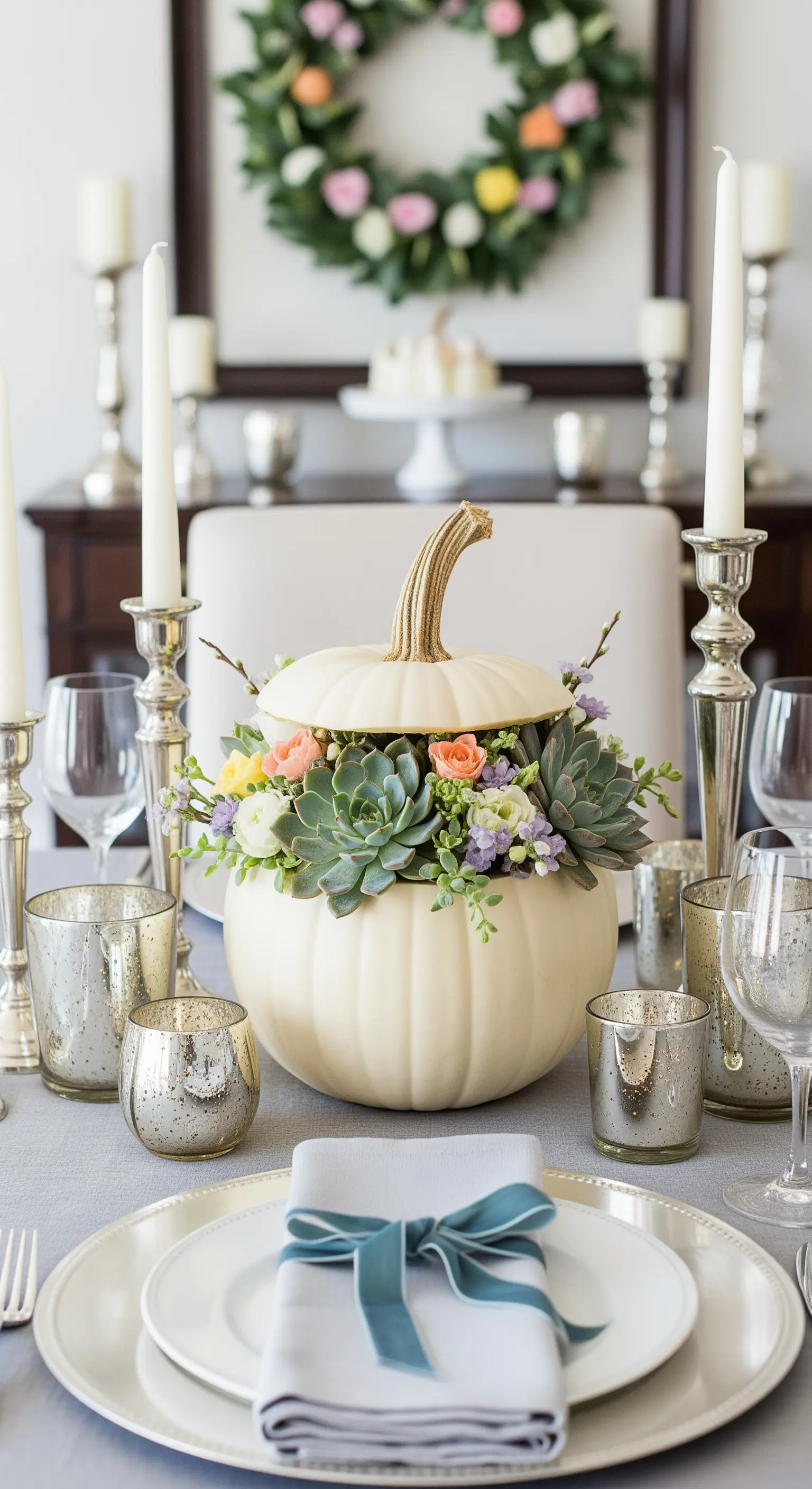 Weißer Kürbis gefüllt mit Sukkulenten und Rosen