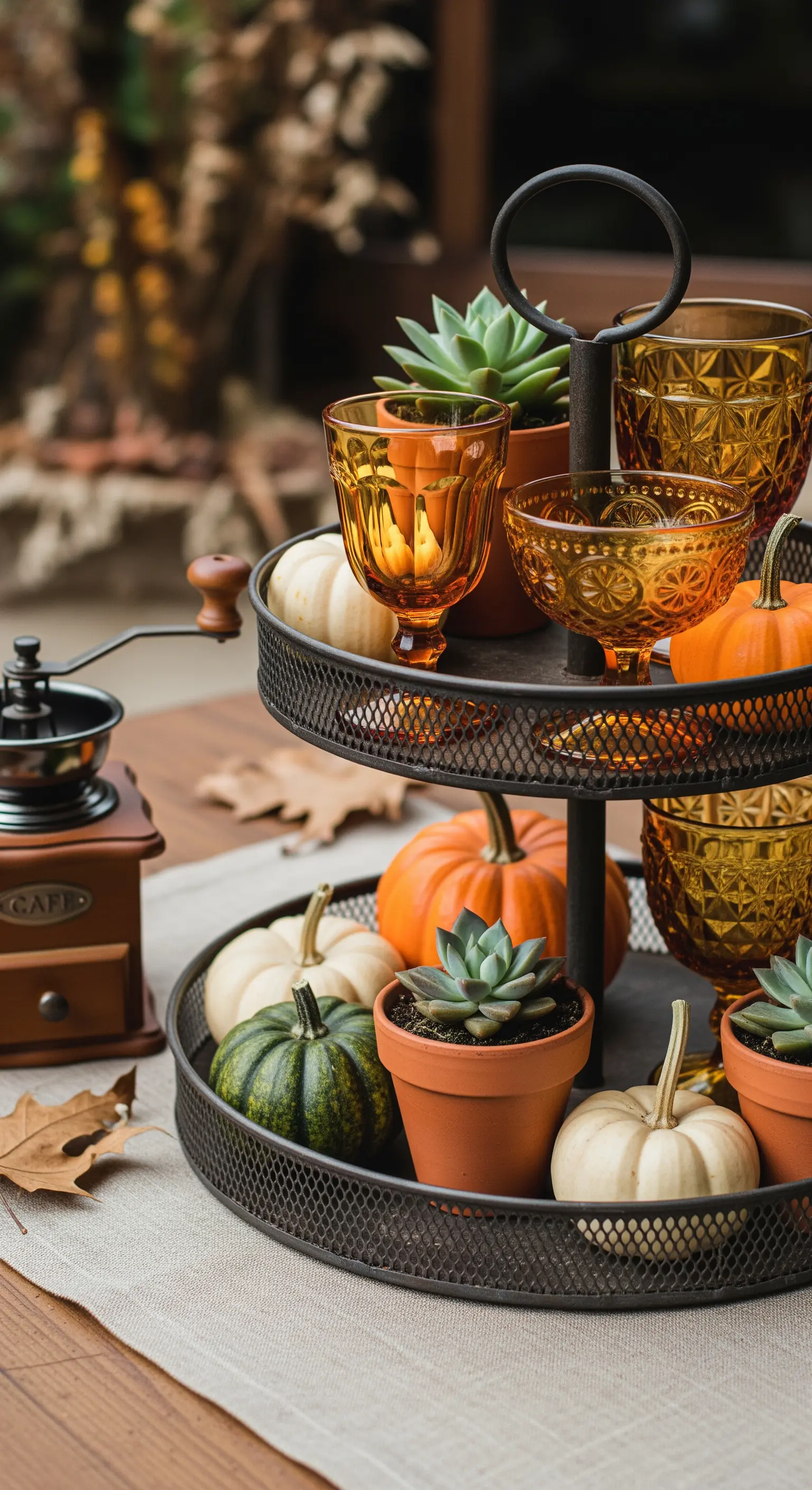 Metall-Etagere mit Sukkulenten in Tontöpfen, bernsteinfarbenen Gläsern und Kürbissen