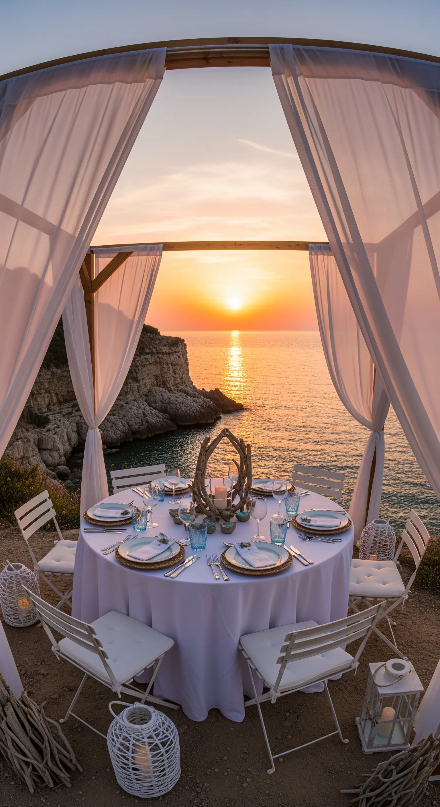 Tisch unter Pavillon mit wehenden weißen Vorhängen vor Sonnenuntergang