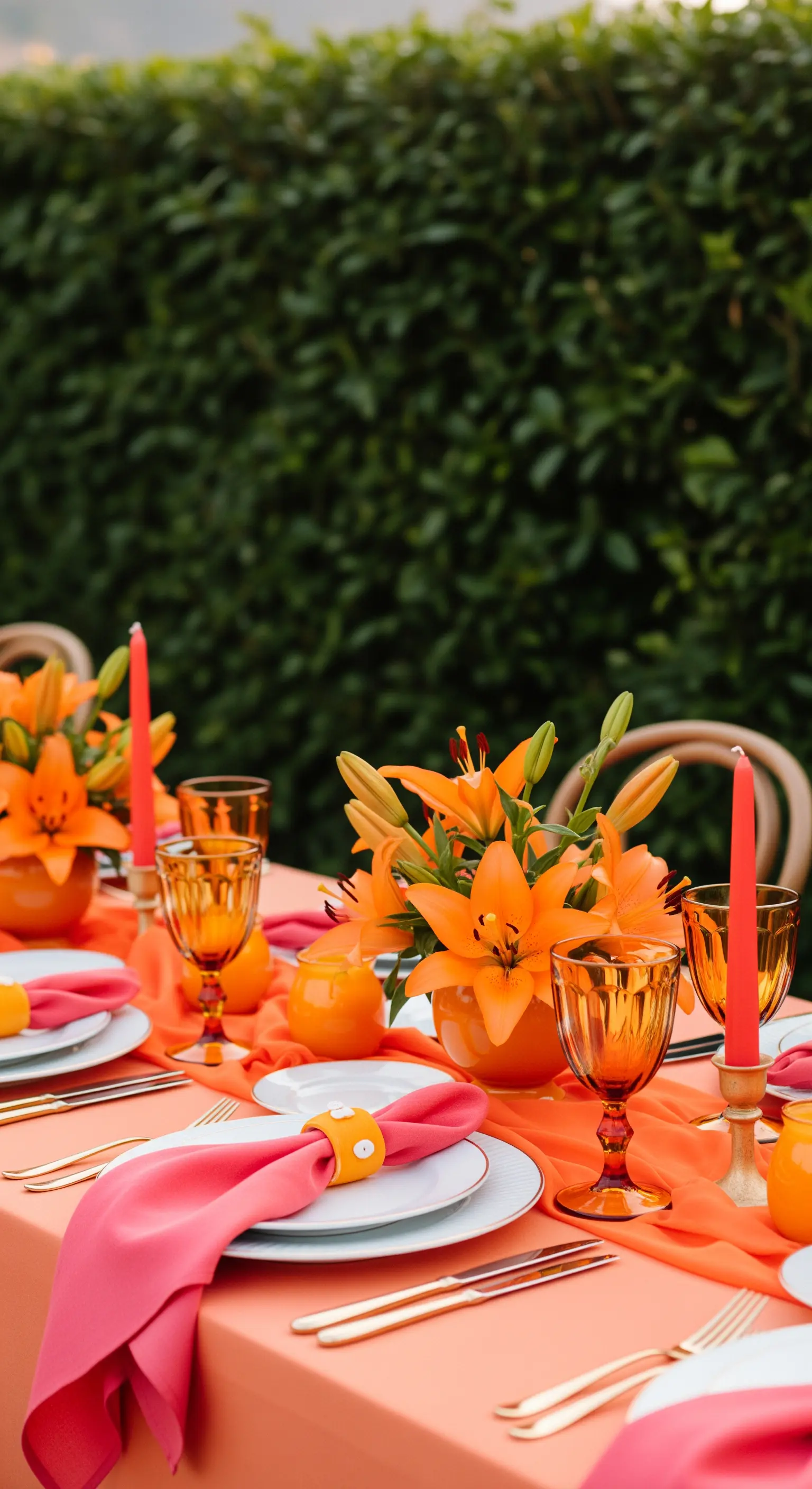 Tisch in Orange und Koralle mit Lilien und bunten Gläsern