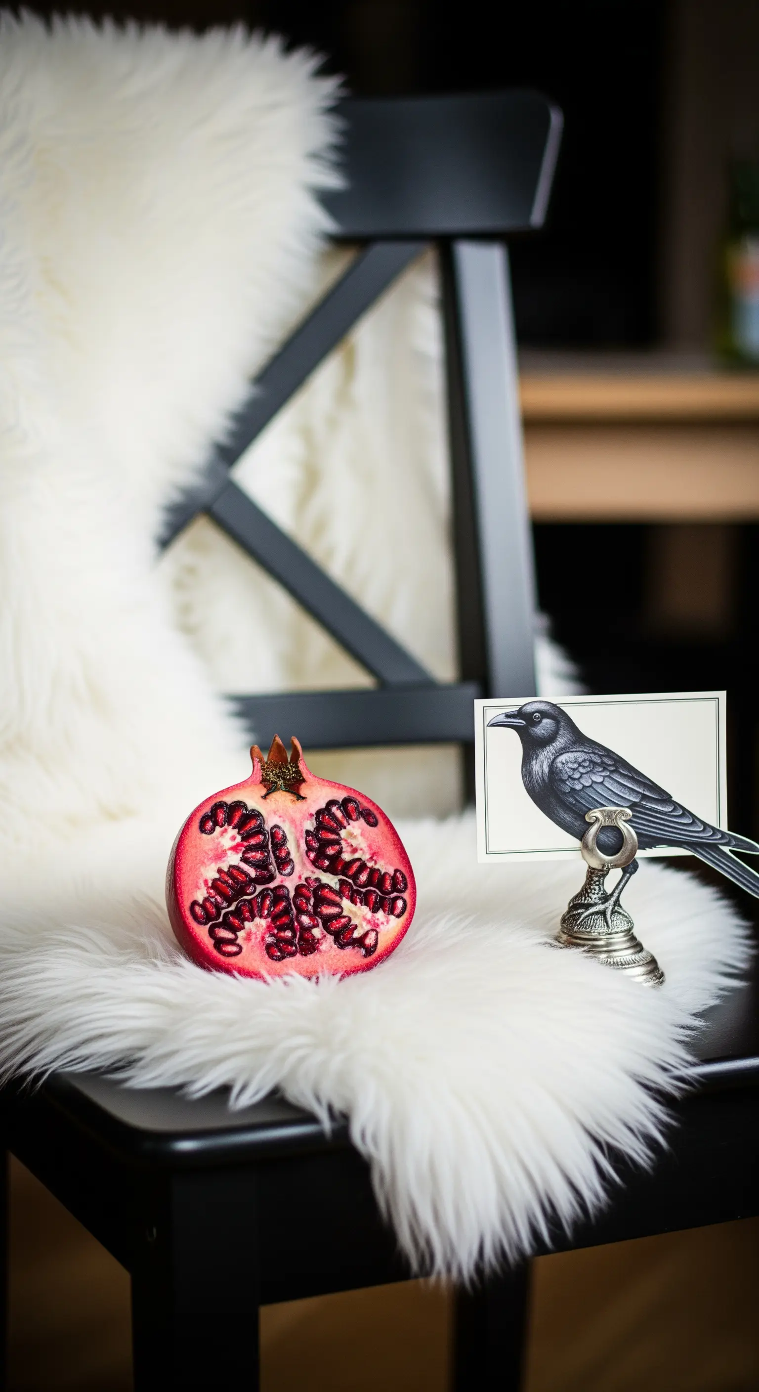 Granatapfel und Rabenkarte auf Stuhl