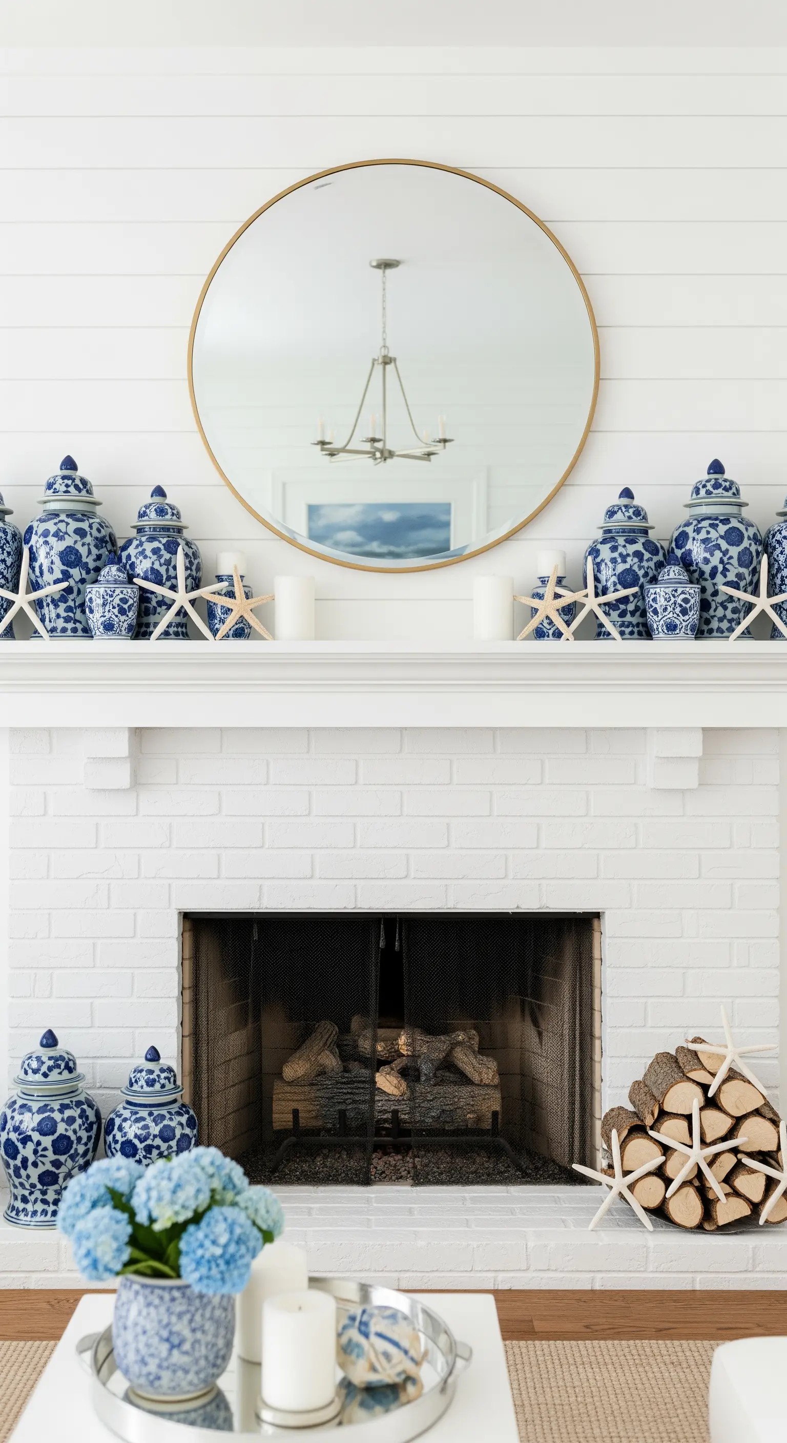 Kaminumrandung mit blau-weißen Vasen und Spiegel