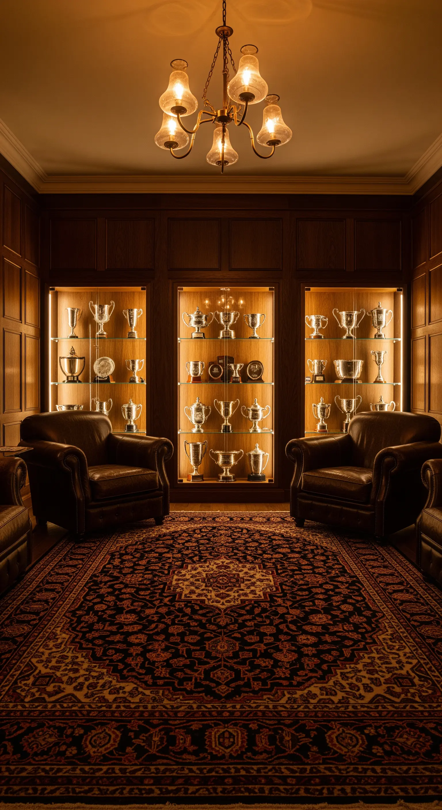 Holzgetäfelte Wand mit beleuchteten Nischen für Silberpokale im Herrenzimmer