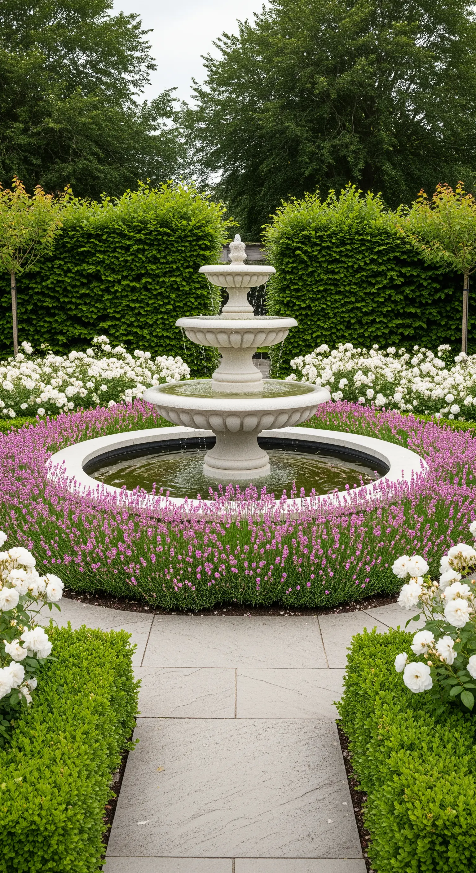 Weißer Steinbrunnen umgeben von lila Blumen