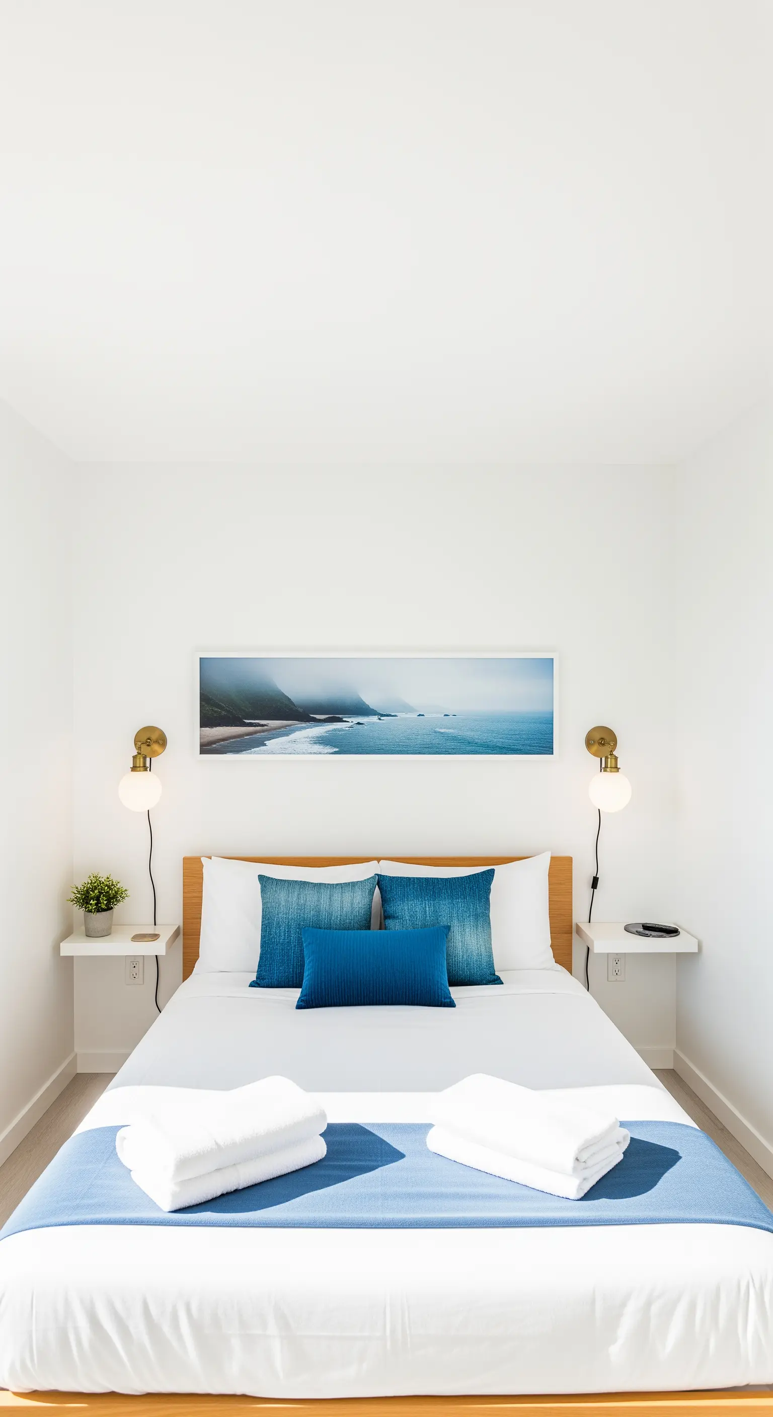 Minimalistisches Schlafzimmer mit blauen Kissen und Meeresbild
