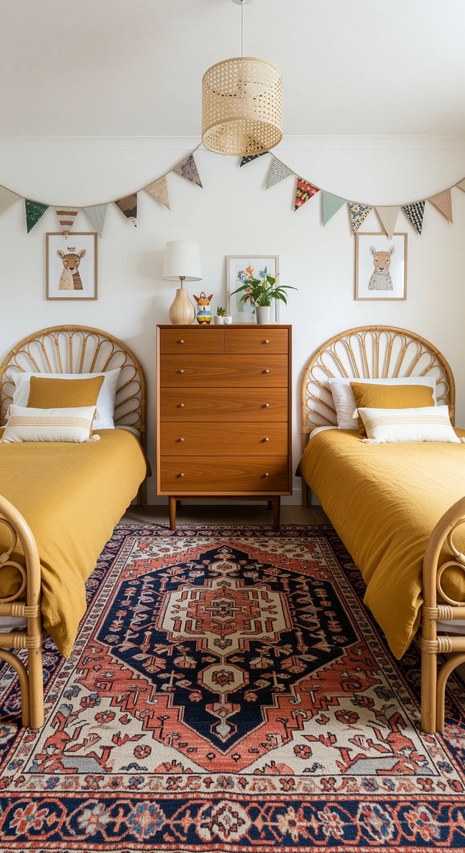 Kinderzimmer mit zwei Rattanbetten und gelber Bettwäsche