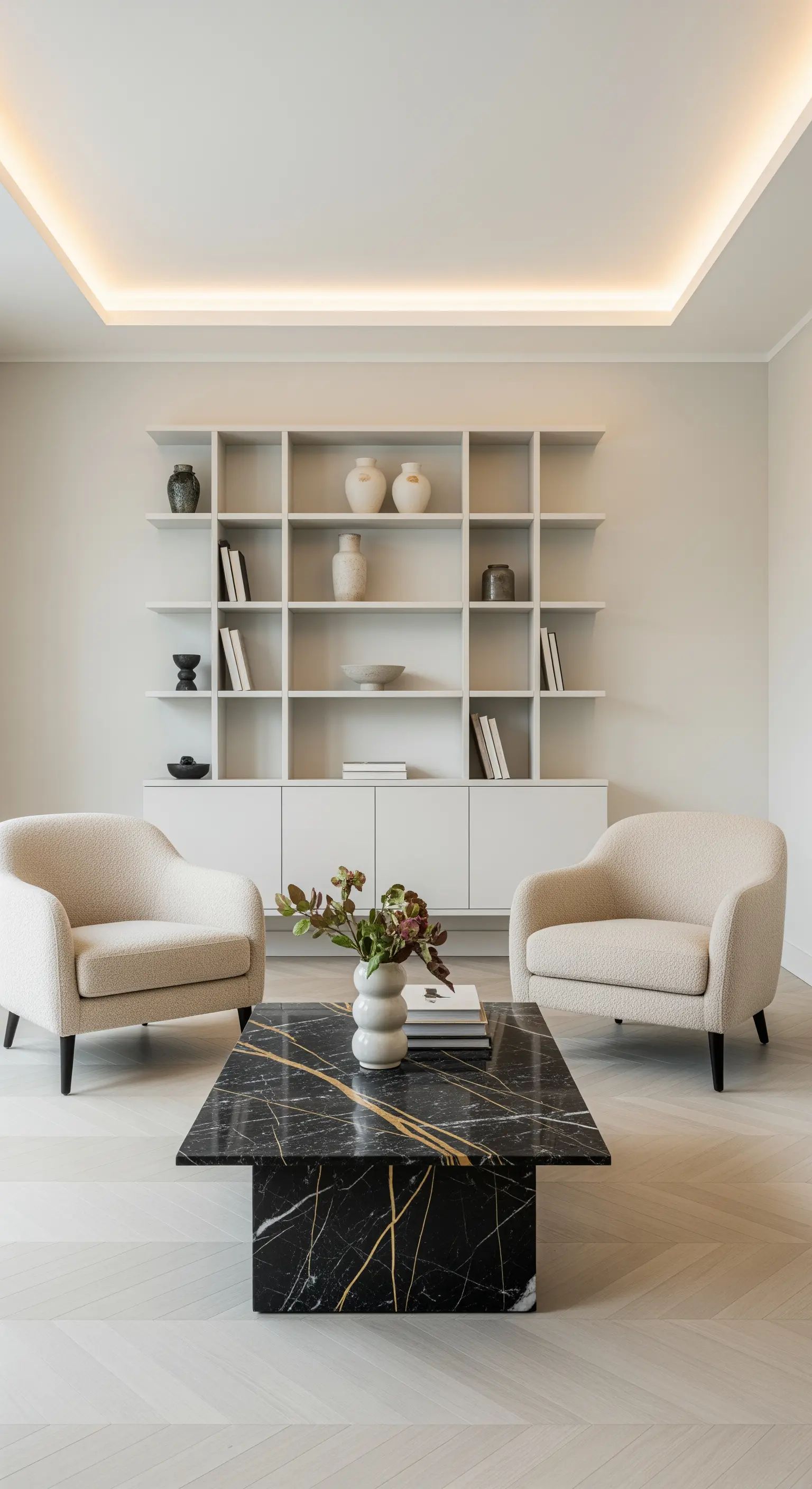 Minimalistisches weißes Regal mit Keramikvasen