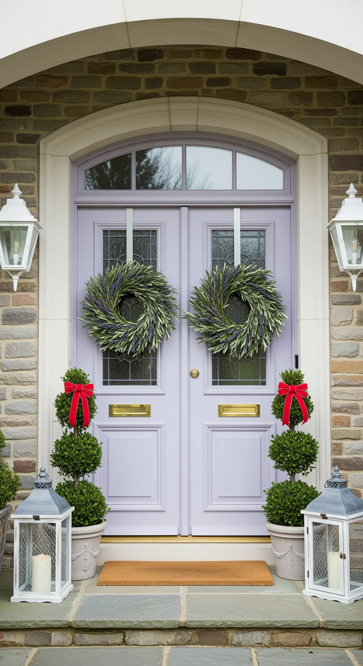 Fliederfarbene Doppeltür mit zwei grünen Kränzen