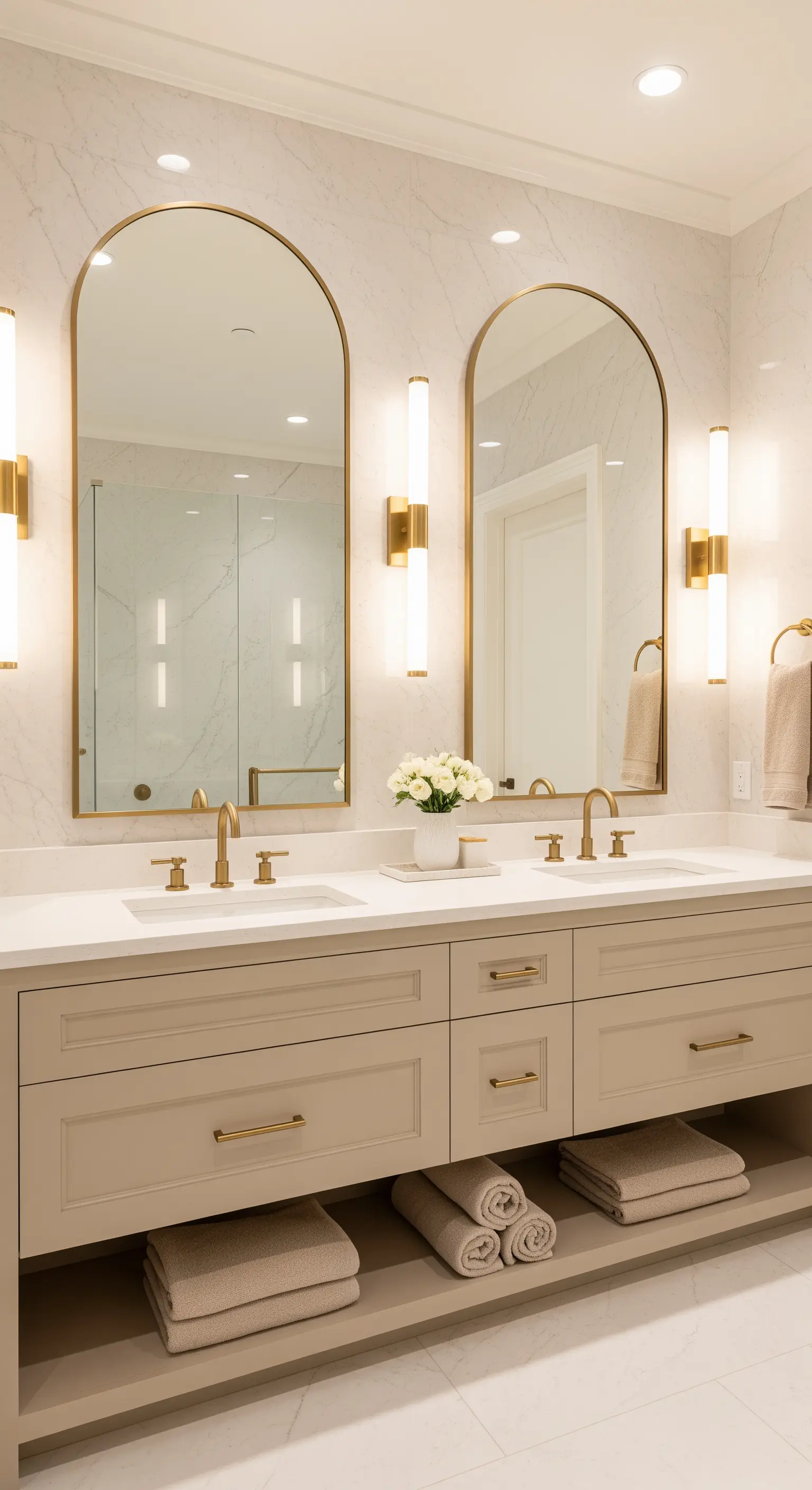 Doppelwaschtisch mit goldenen Bogen-Spiegeln und Wandleuchten