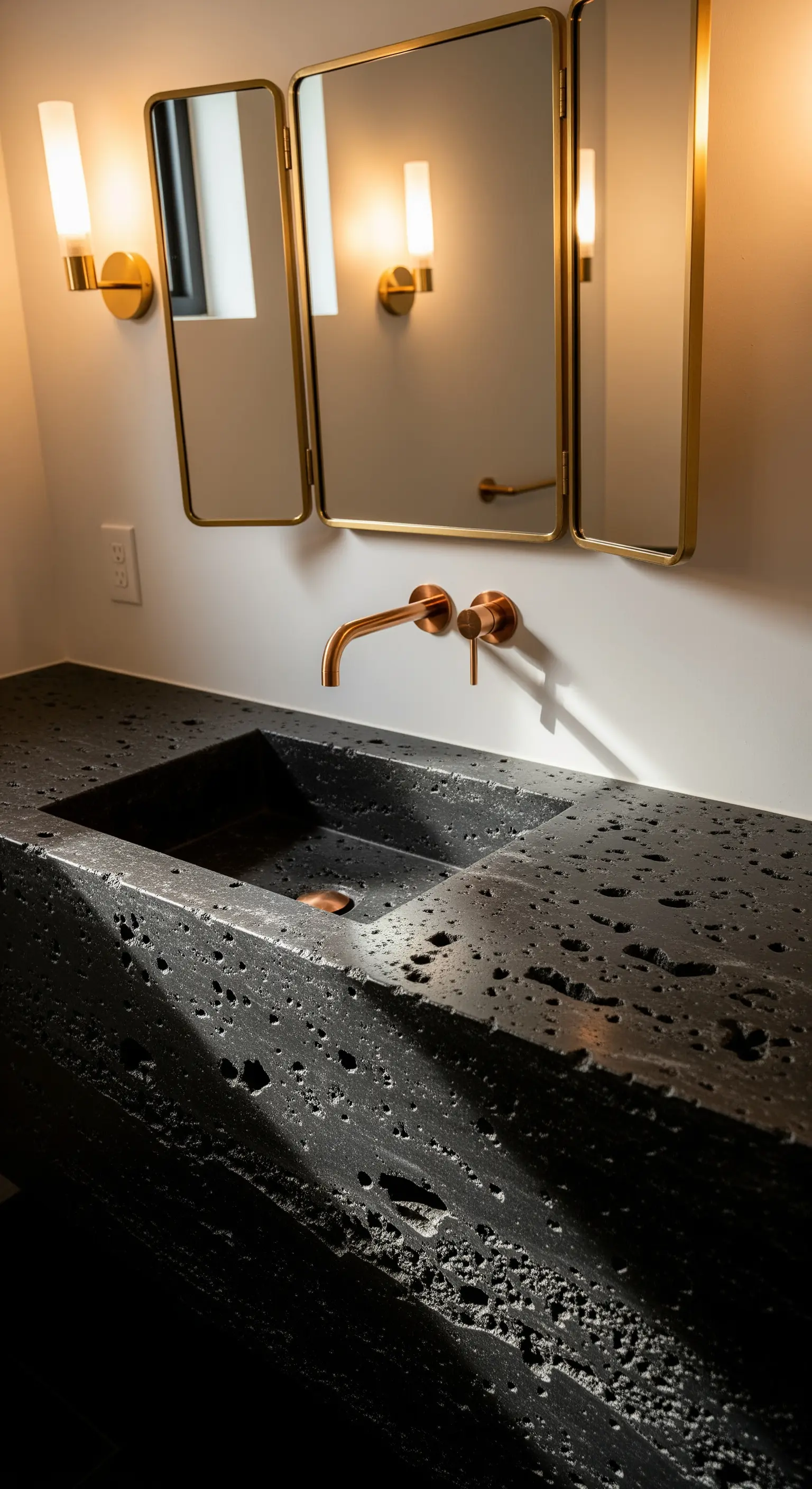 Drei goldene Spiegel über skulpturalem Steinwaschbecken