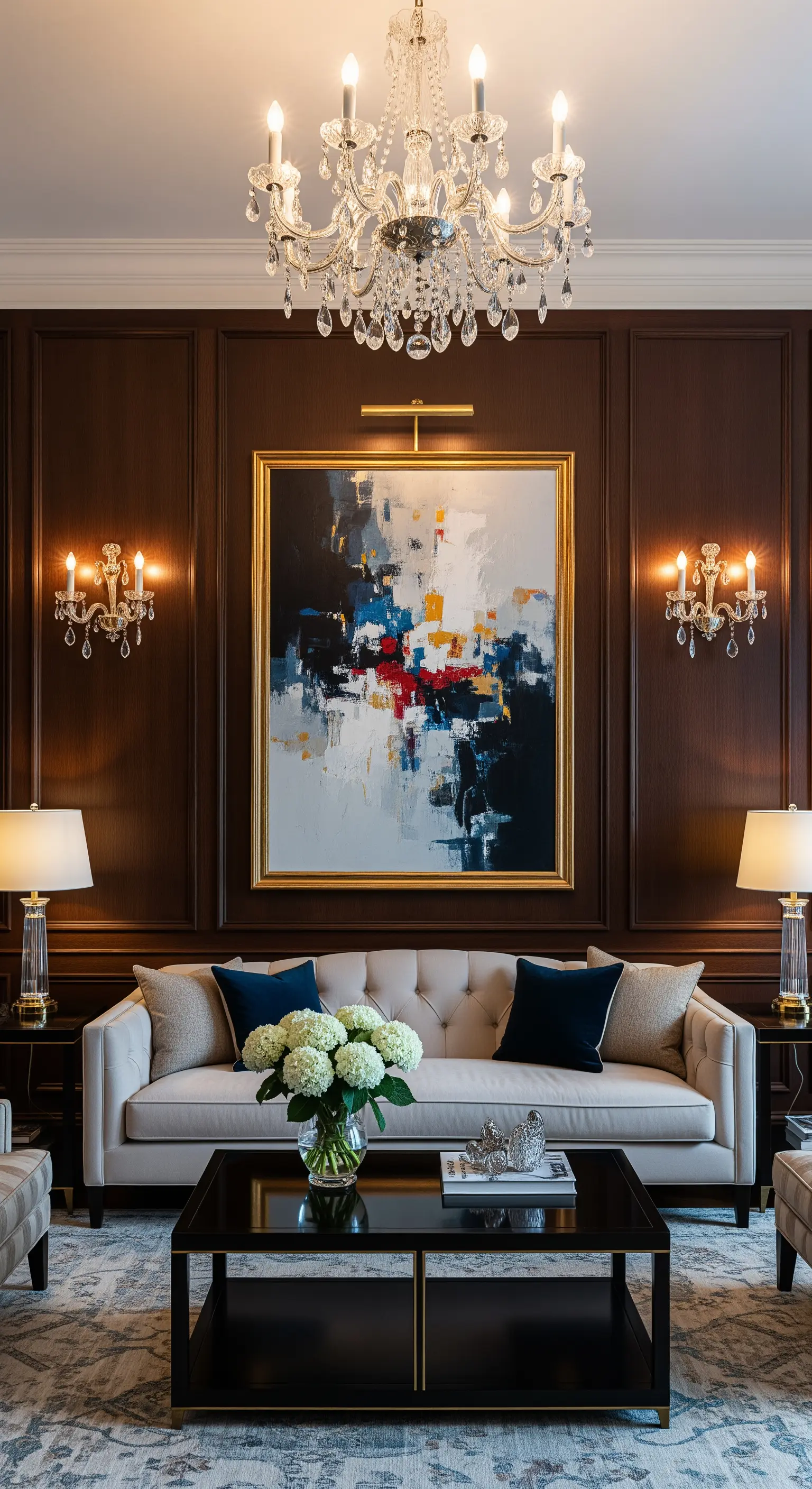 Klassische Wandleuchter flankieren abstraktes Gemälde