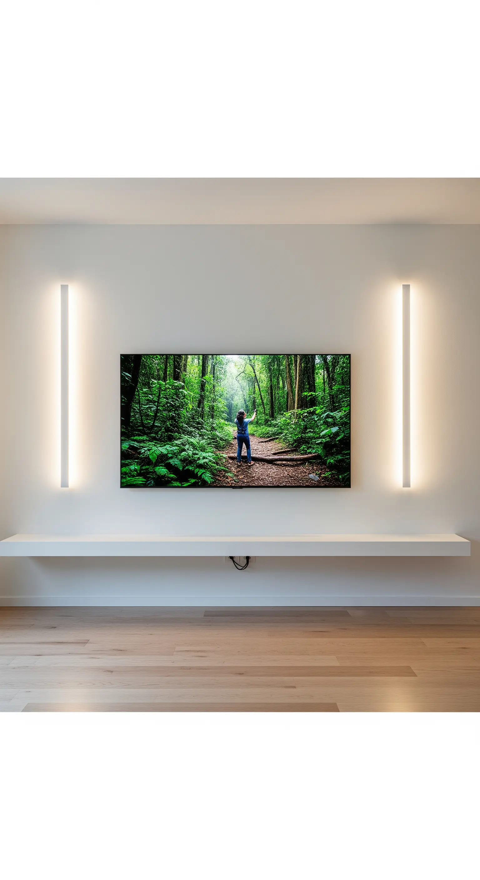 TV flankiert von vertikalen LED-Leuchten