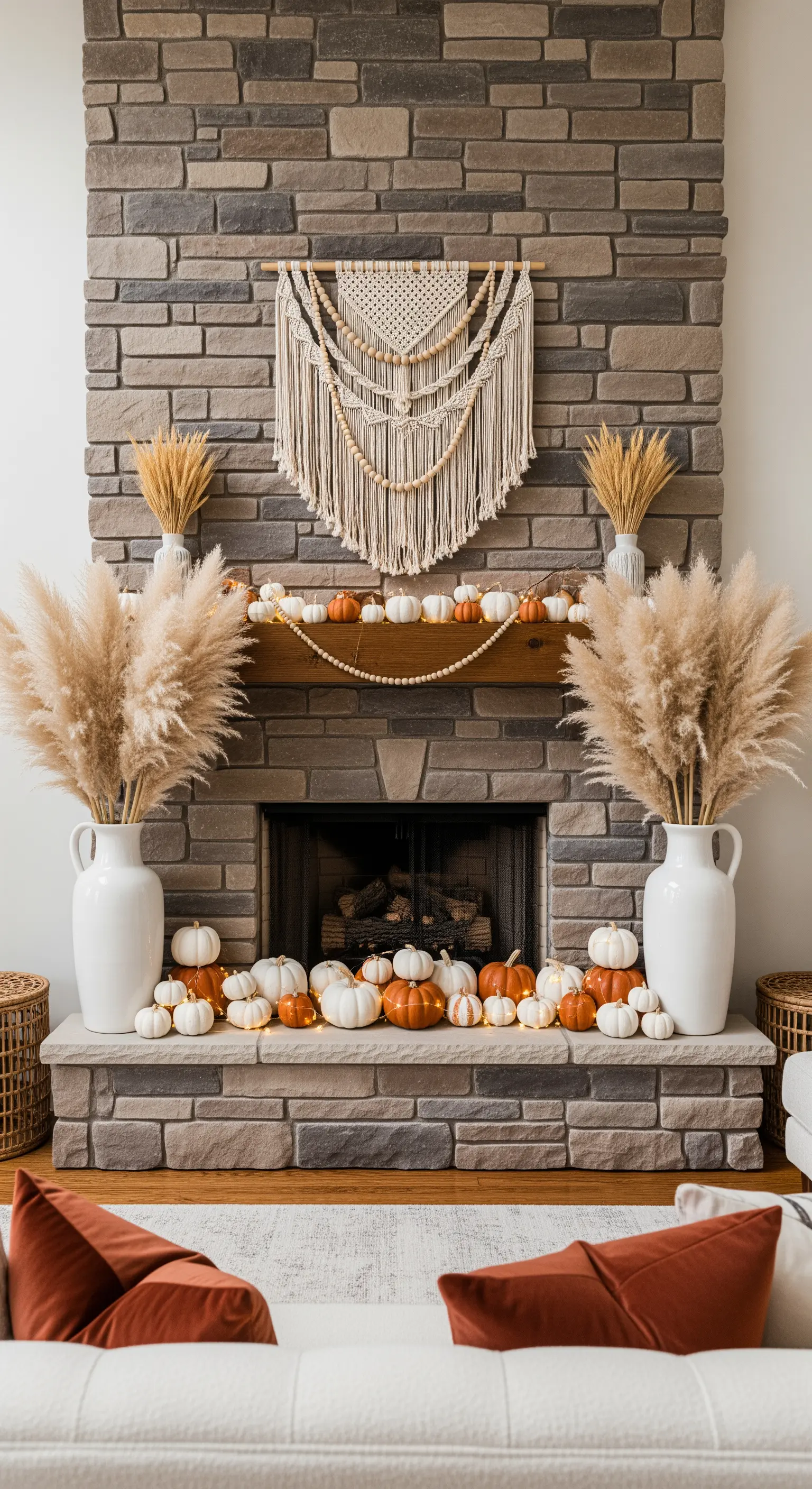 Boho Kaminumrandung mit Makramee und weißen Kürbissen