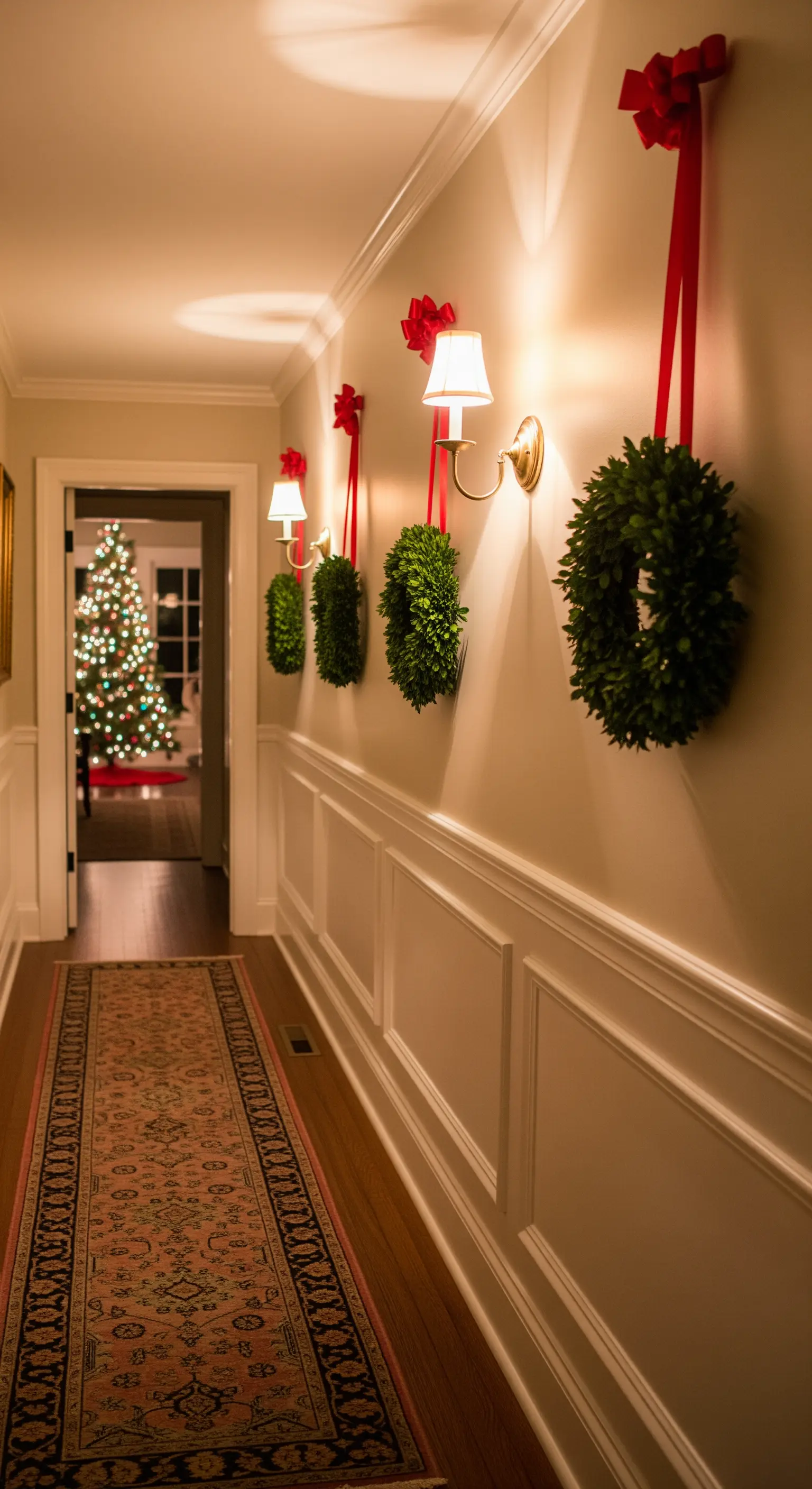 Kleine Kränze an roten Bändern an Wandlampen im Flur