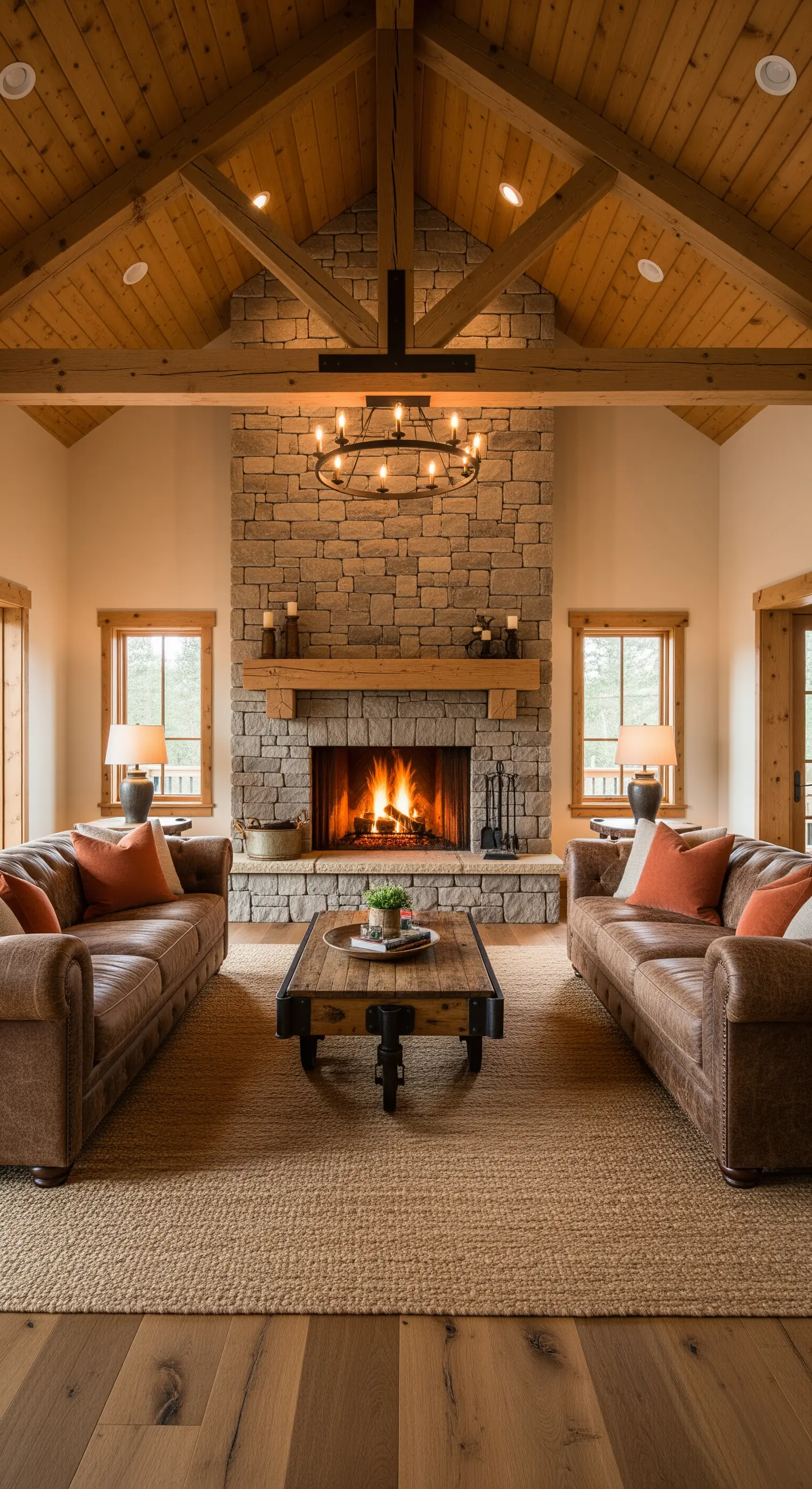 Stein-Kamin im Landhaus-Wohnzimmer mit Ledersofas und Holzbalken