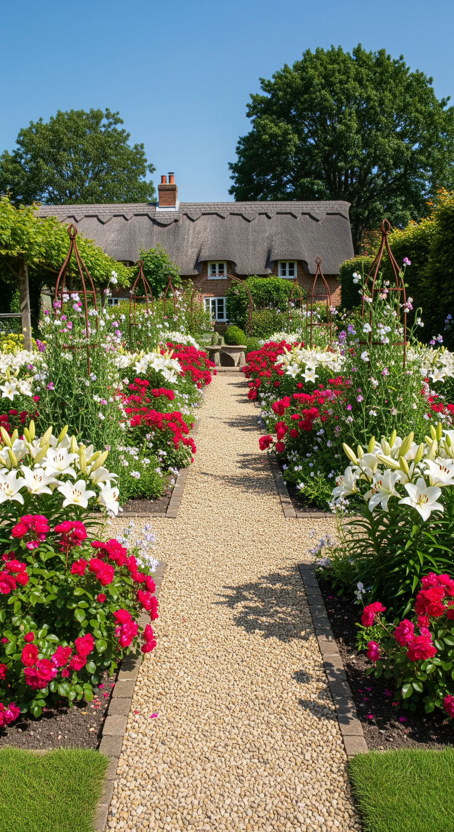 Kiesweg zum Reetdachhaus flankiert von roten und weißen Blumenbeeten