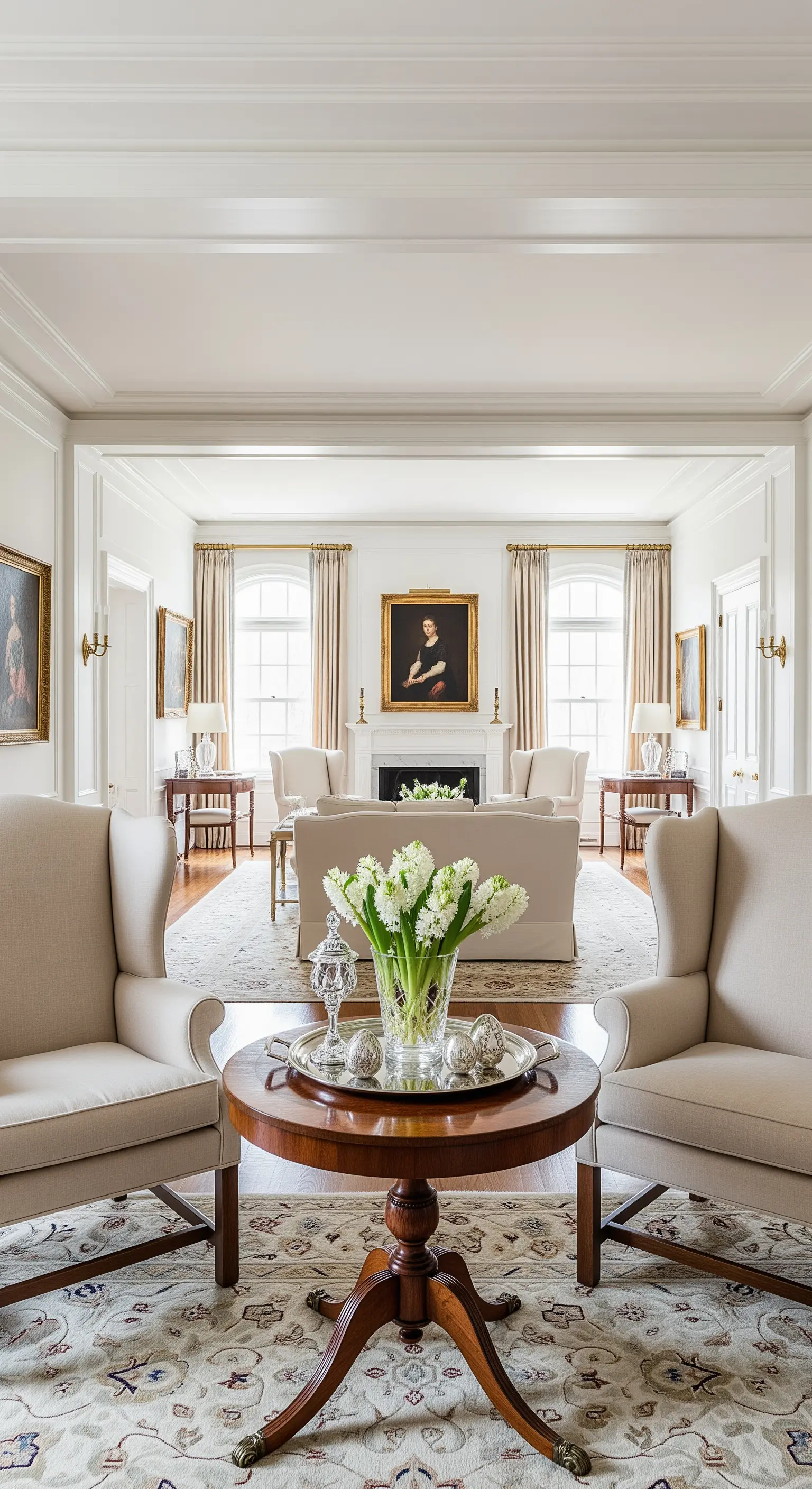 Klassisches Wohnzimmer mit symmetrischer Blumen-Deko