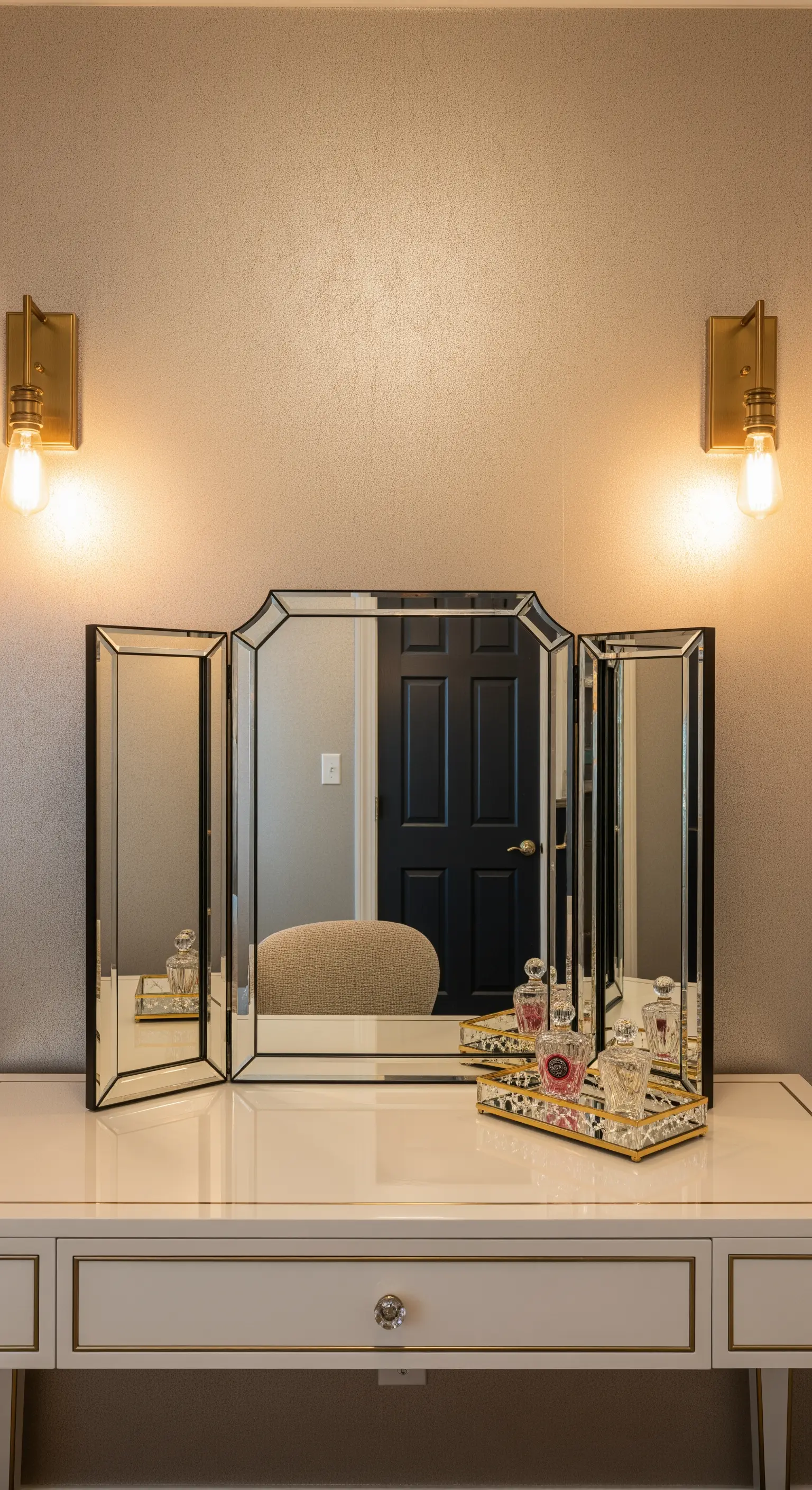 Dreiteiliger Schminkspiegel auf weißem Tisch mit goldenen Wandleuchten