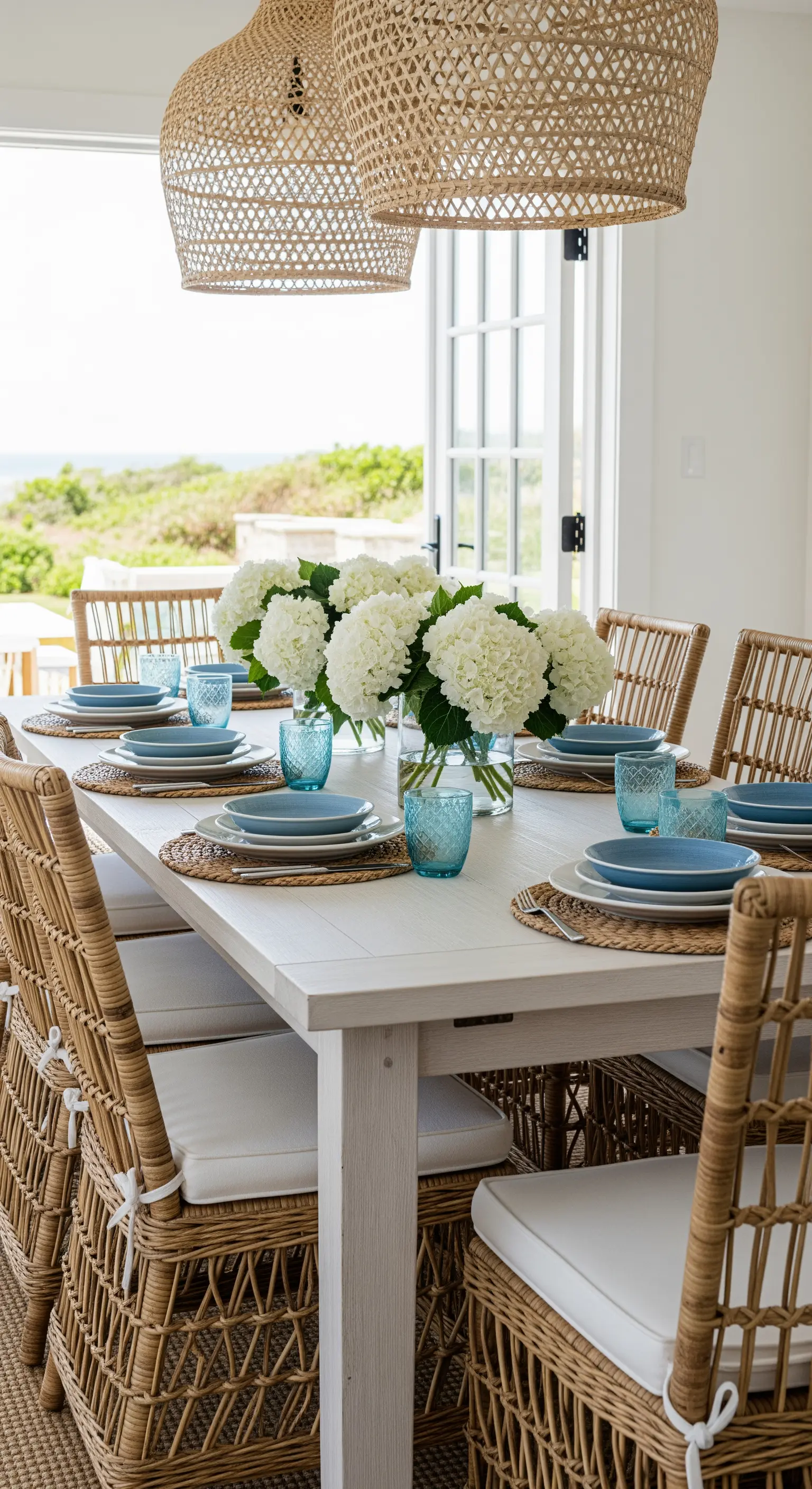 Esszimmertisch mit Hortensien und Rattanlampen