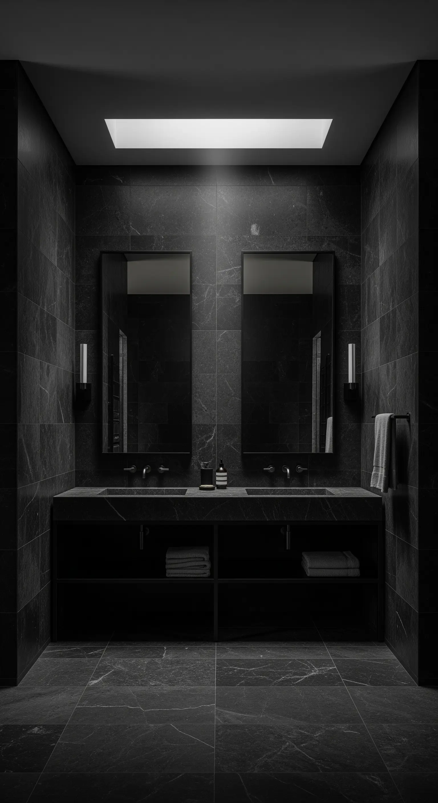 Symmetrisches dunkles Bad mit Oberlicht