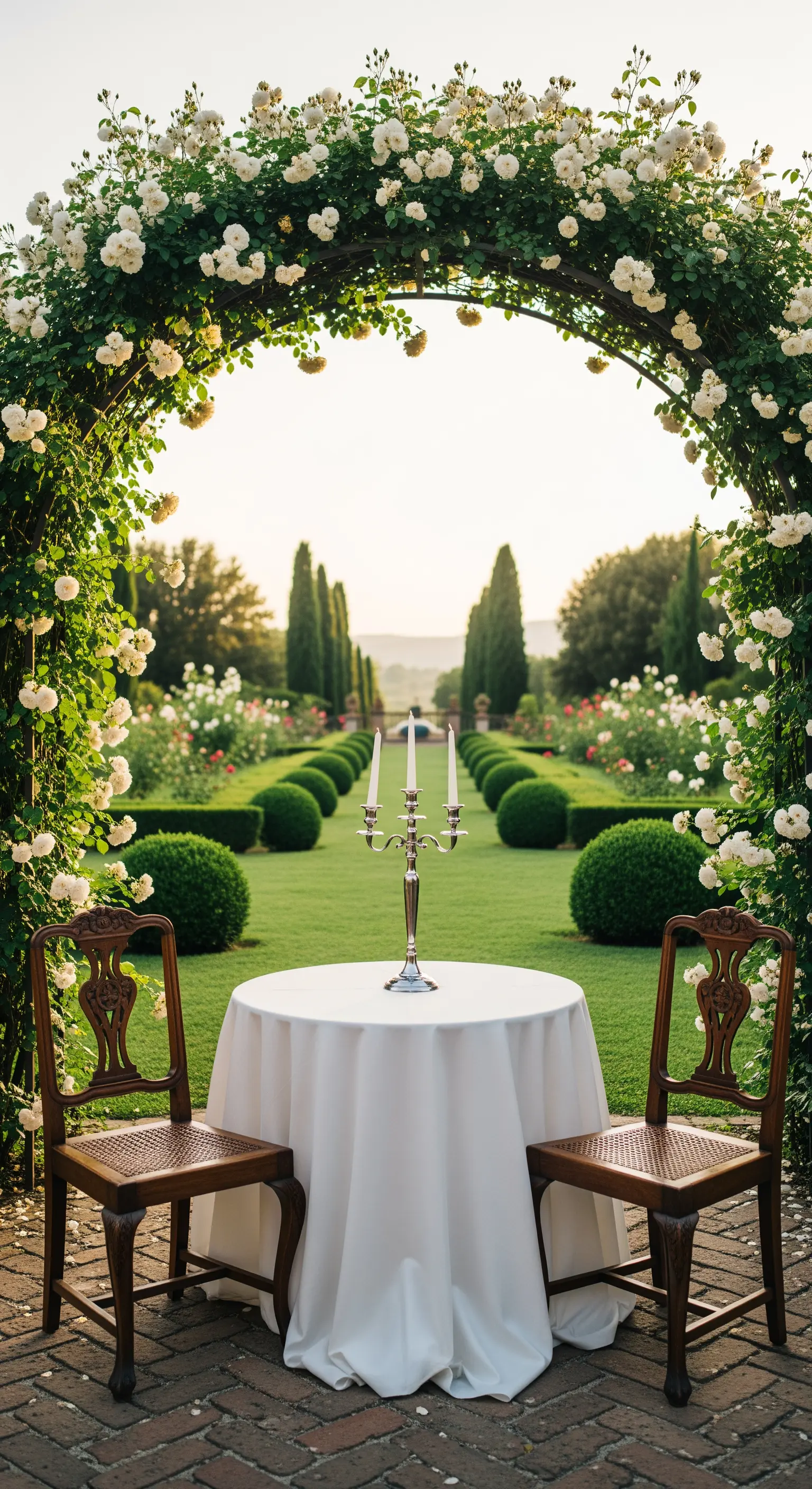 Weißer Tisch unter Rosenbogen mit Kandelaber