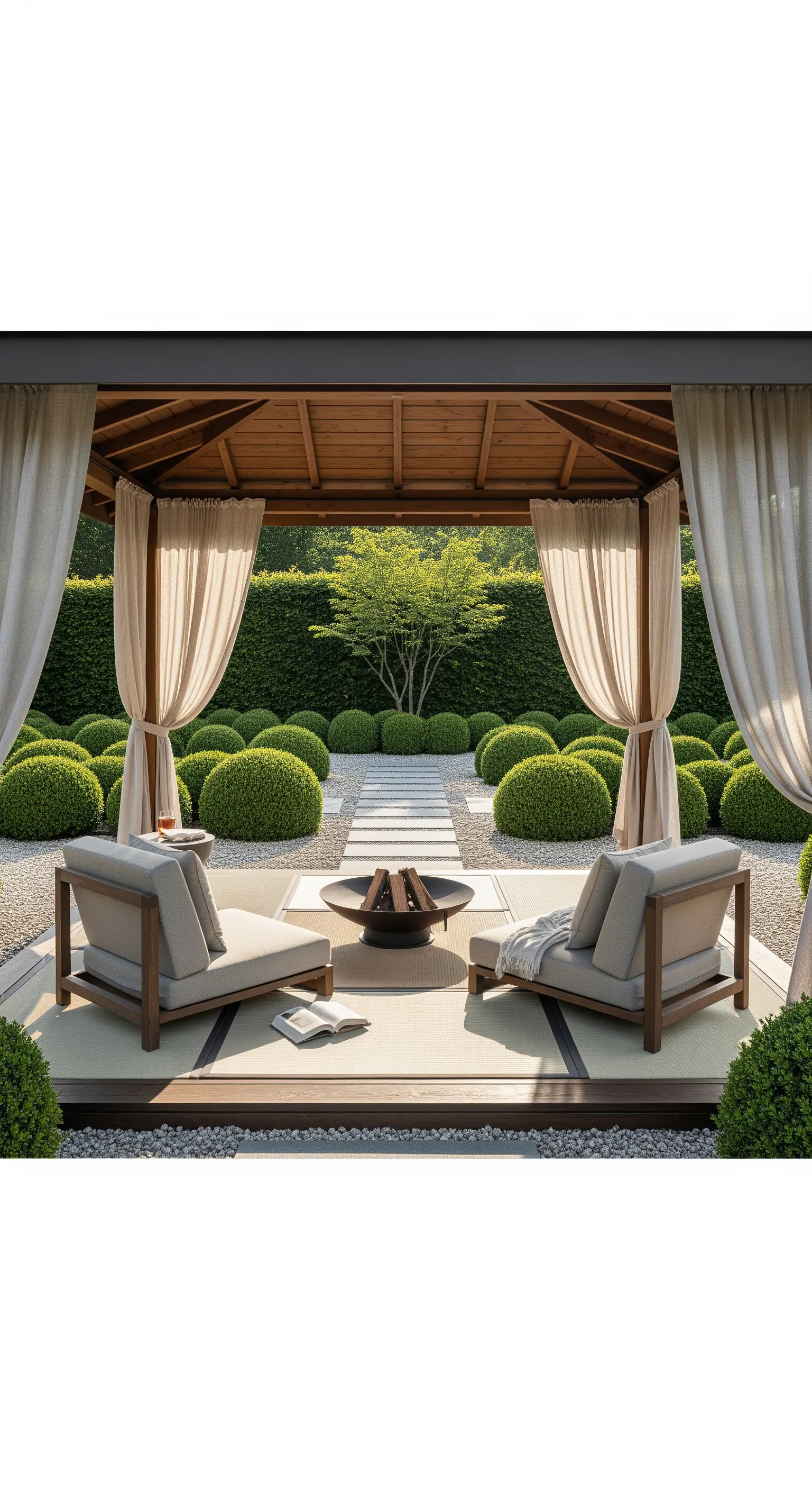 Holzpavillon mit Vorhängen und Sesseln