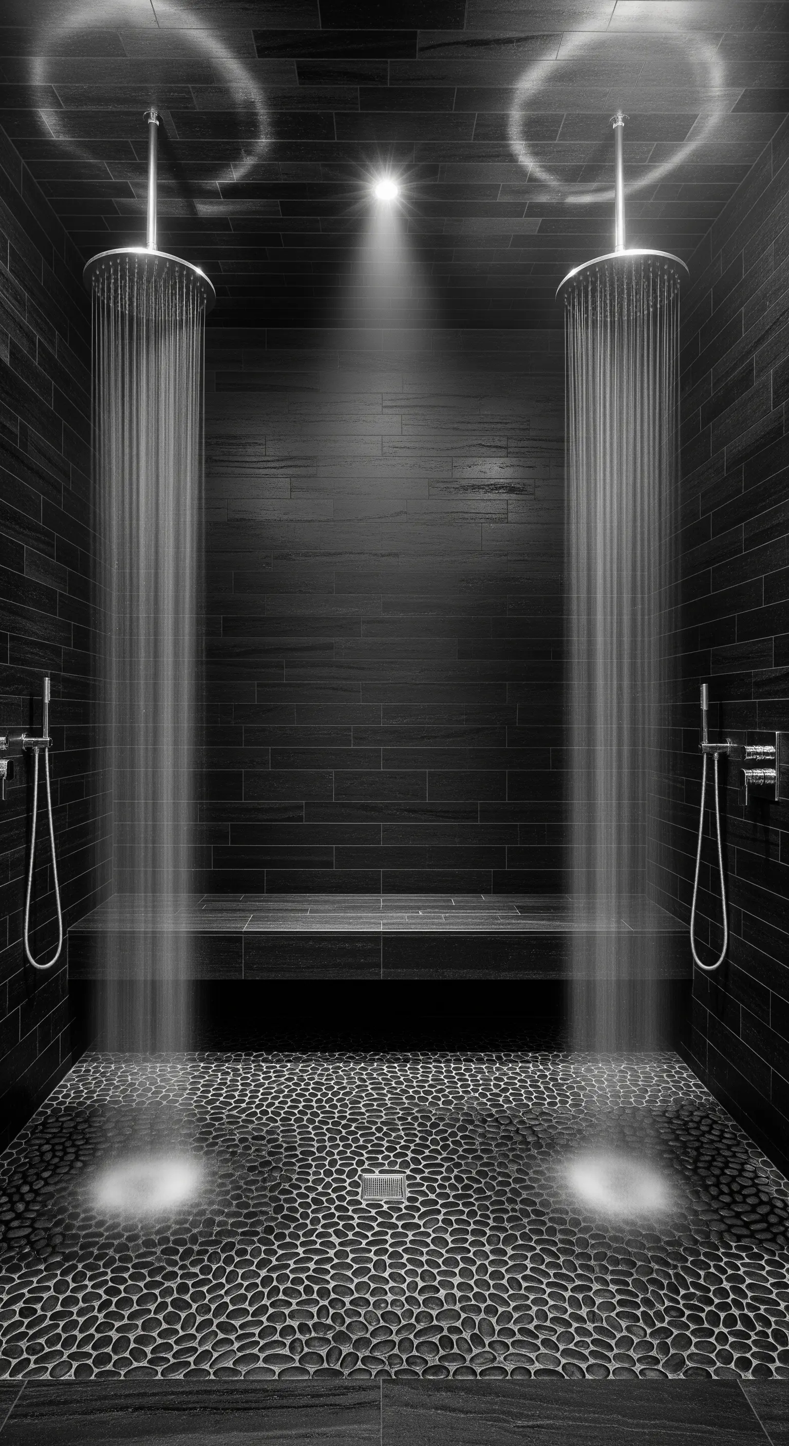 Symmetrische Doppeldusche mit Regbrausen und Kieselboden