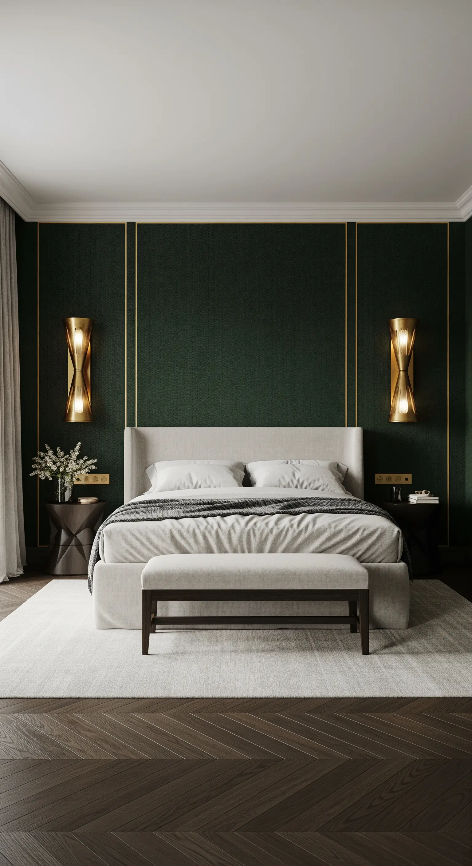 Dunkelgrüne Wand mit goldenen Rahmenleisten und Wandlampen