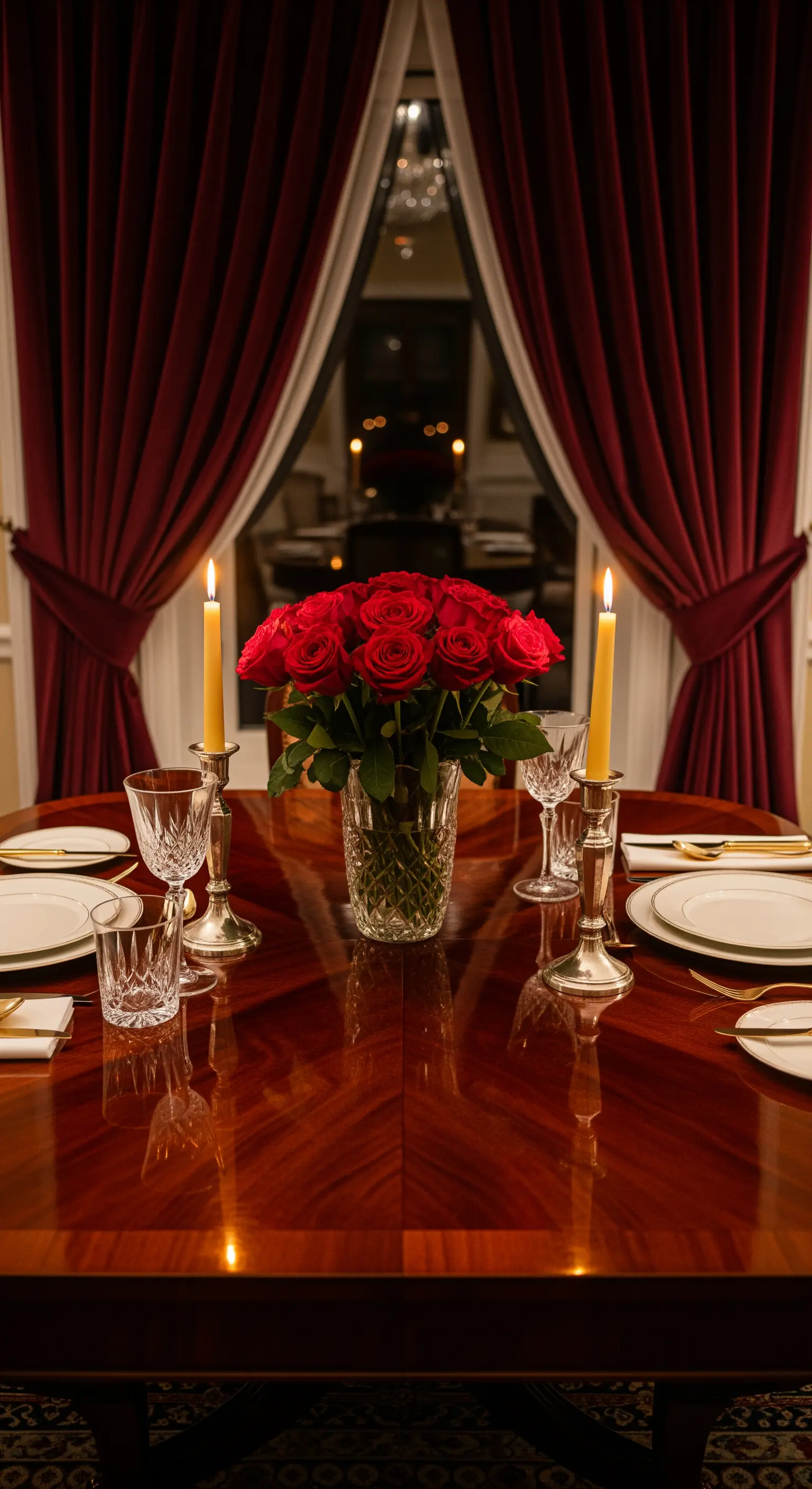 Elegantes Dinner-Setting mit roten Rosen und Kerzenschein