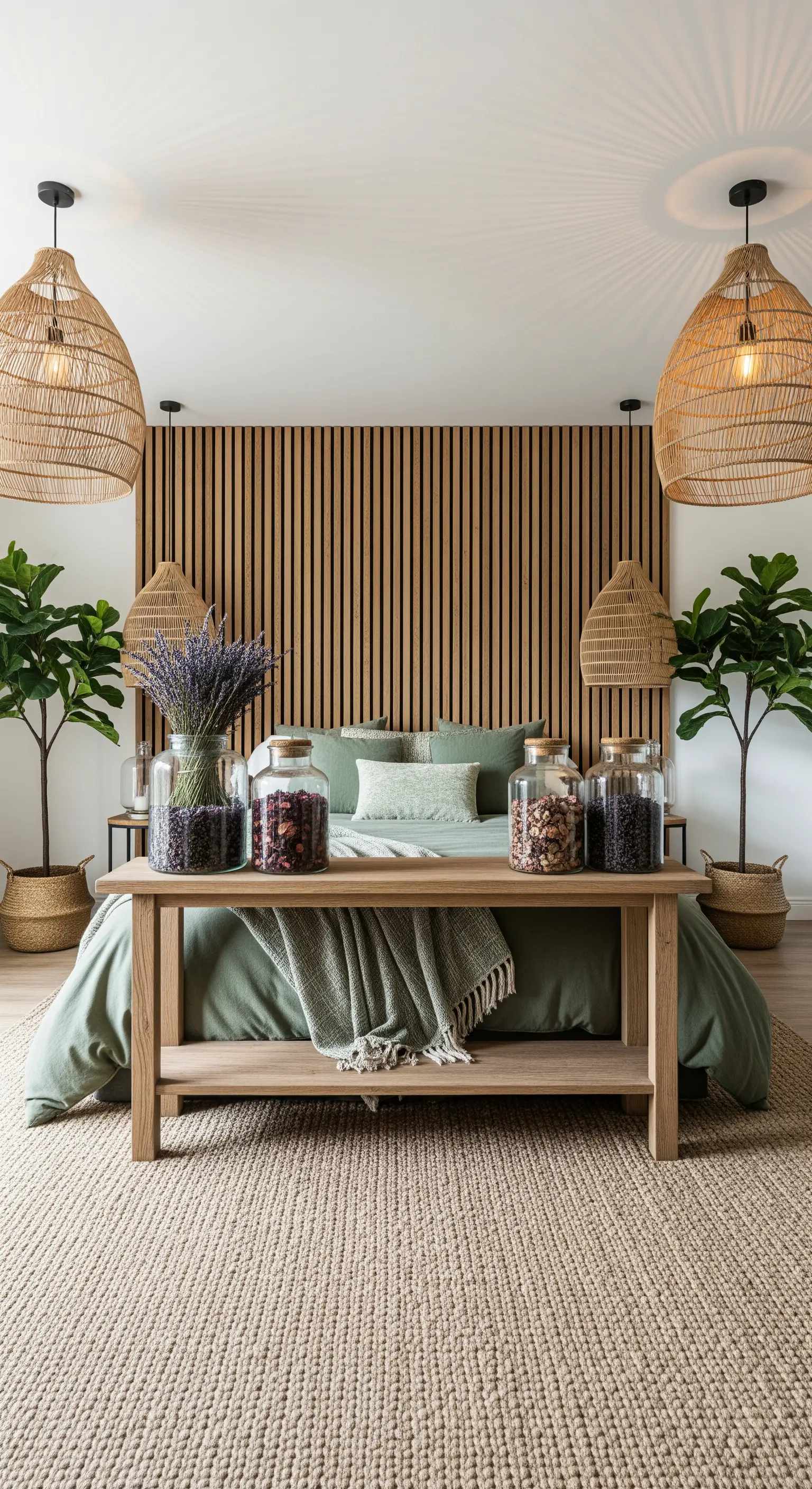 Holzlamellenwand hinter grünem Bett mit großen Lavendelgläsern